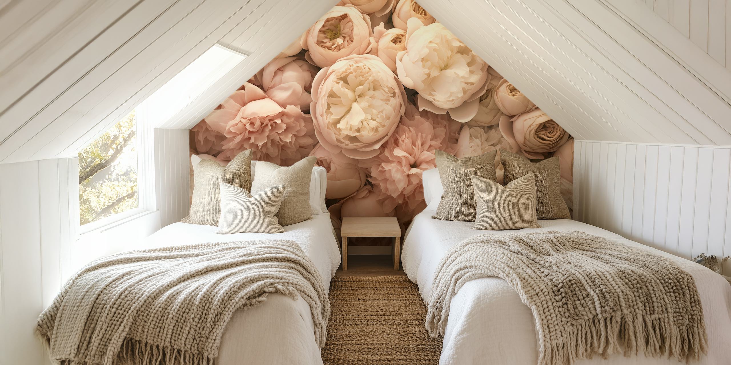 Floral wallpaper featuring peach and ivory blooming flowers