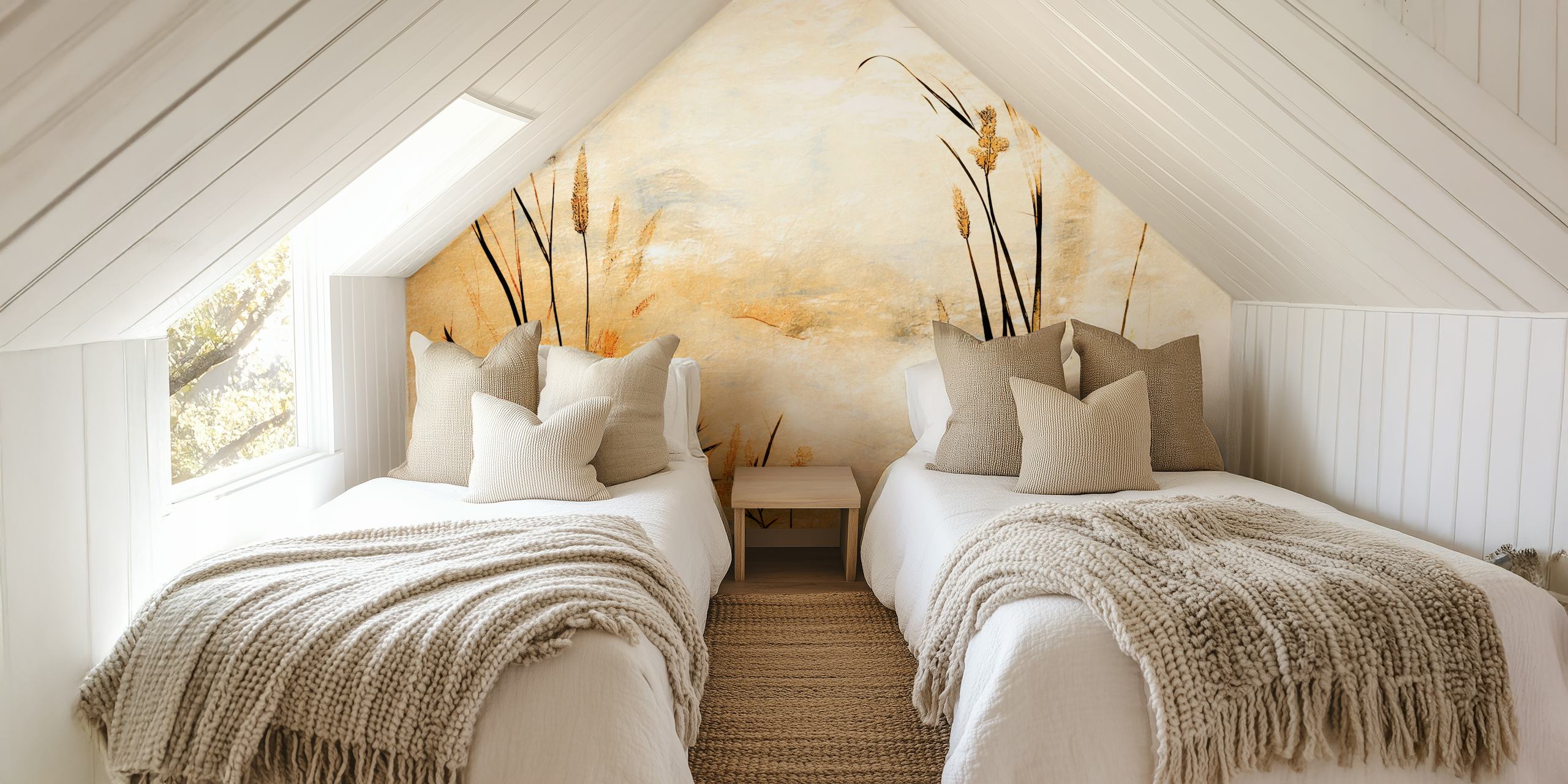 Wall mural of a meadow with tall grass in golden sunrise hues
