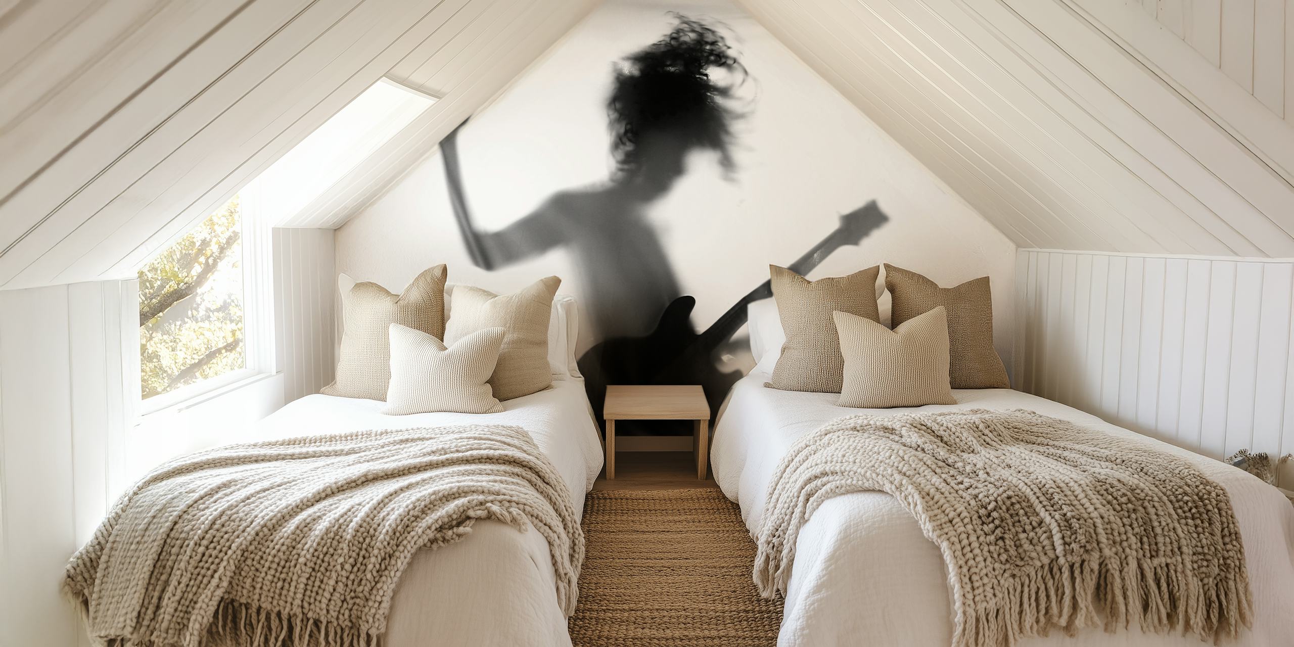 Silhouette of a person playing guitar in a dynamic pose in black and white.