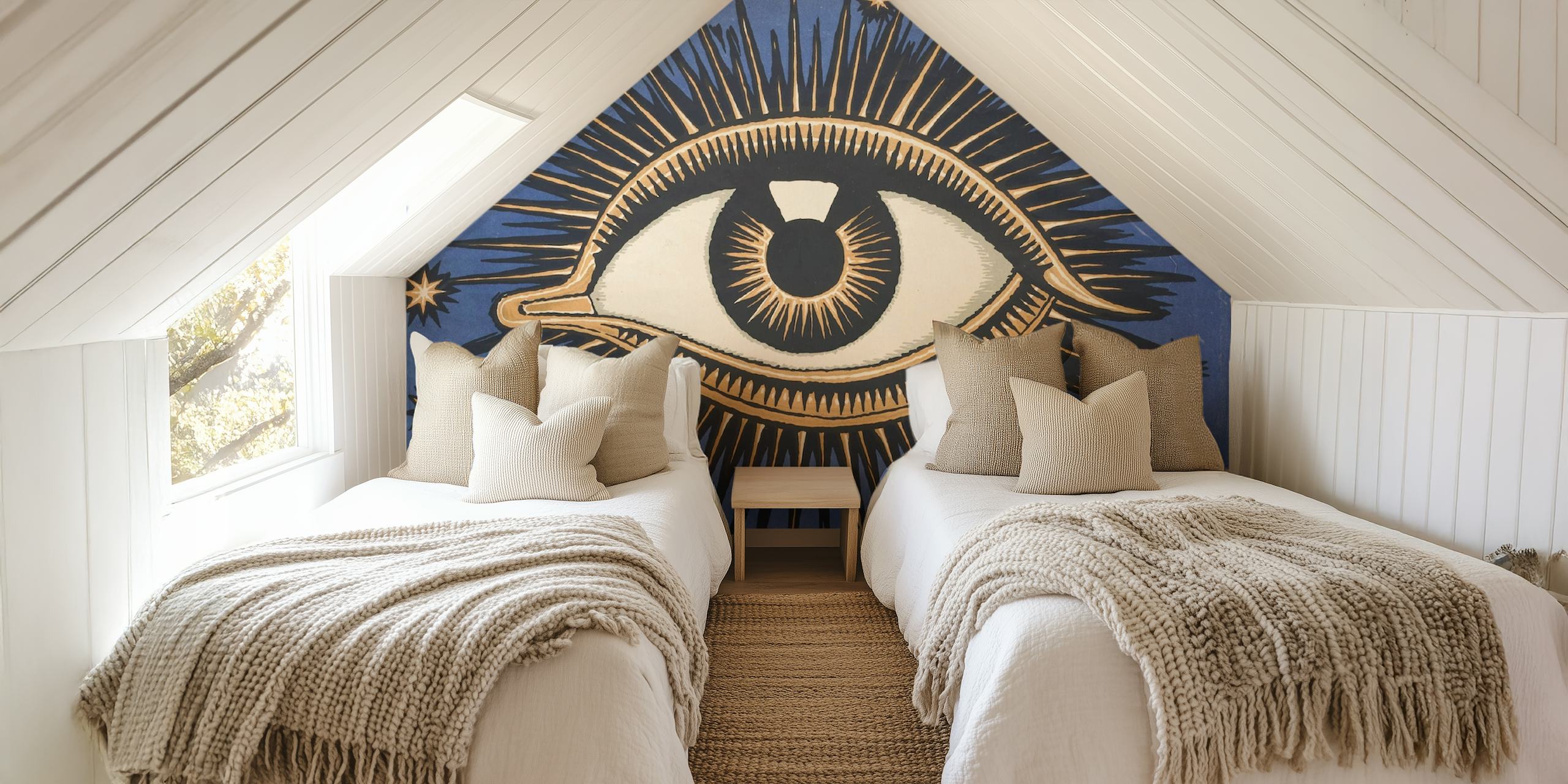Celestial eye design with golden rays on blue background wallpaper
