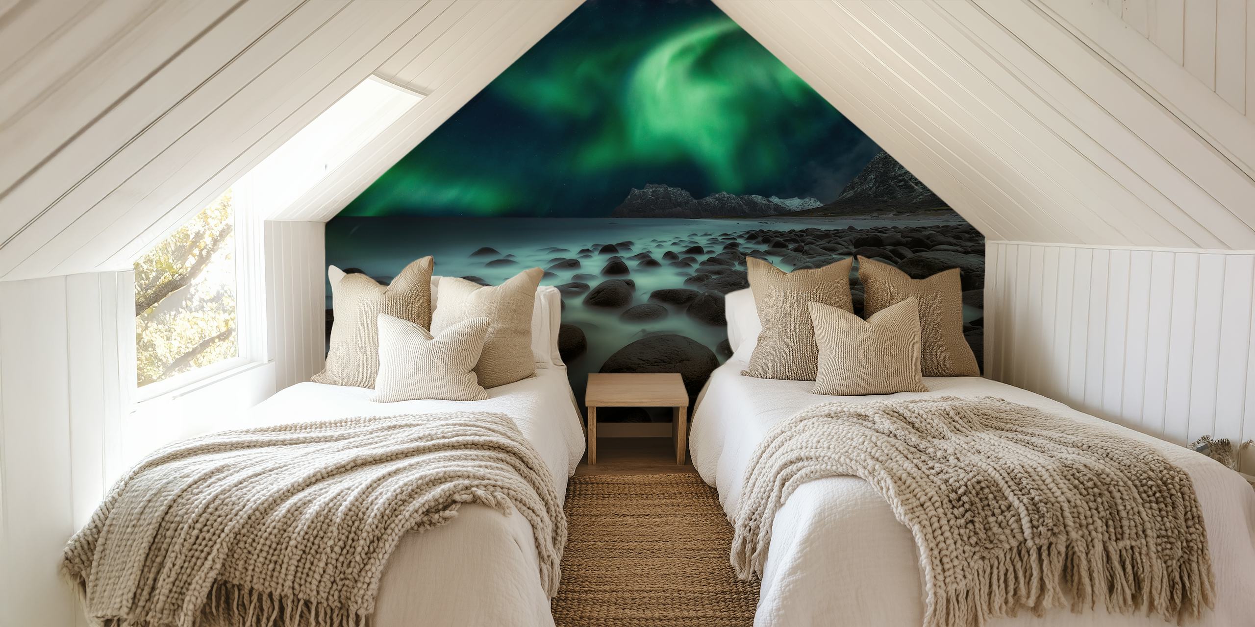 Aurora Borealis over rocky beach landscape wallpaper