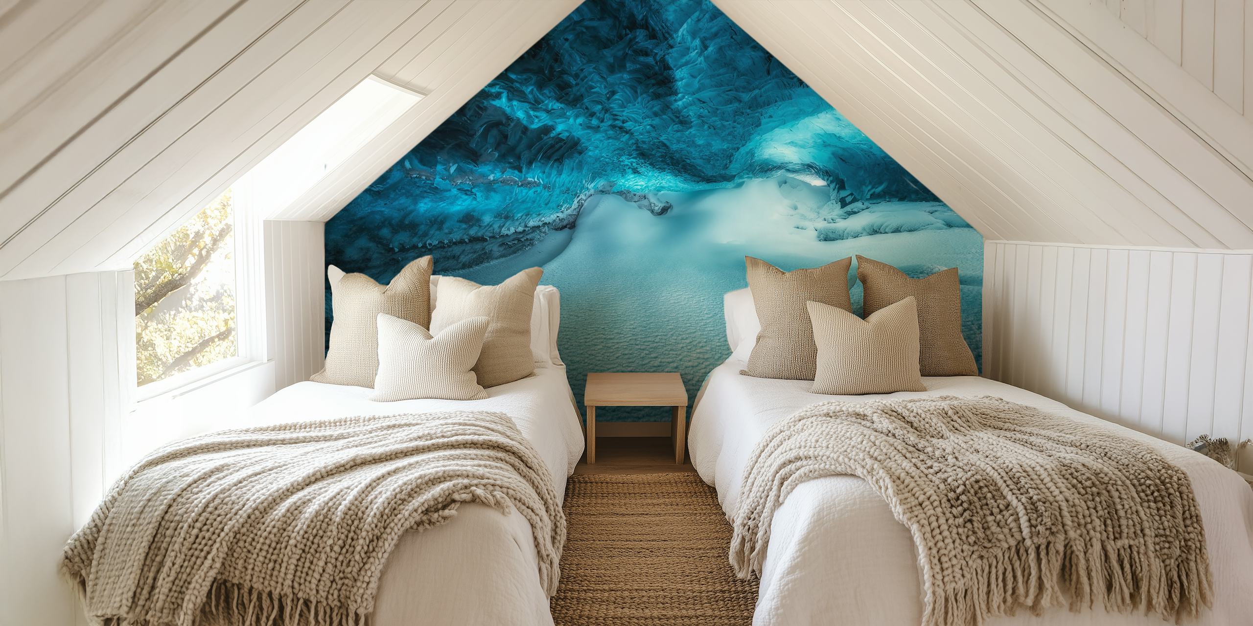 Underwater ice cavern wall mural displaying shades of blue and frozen textures