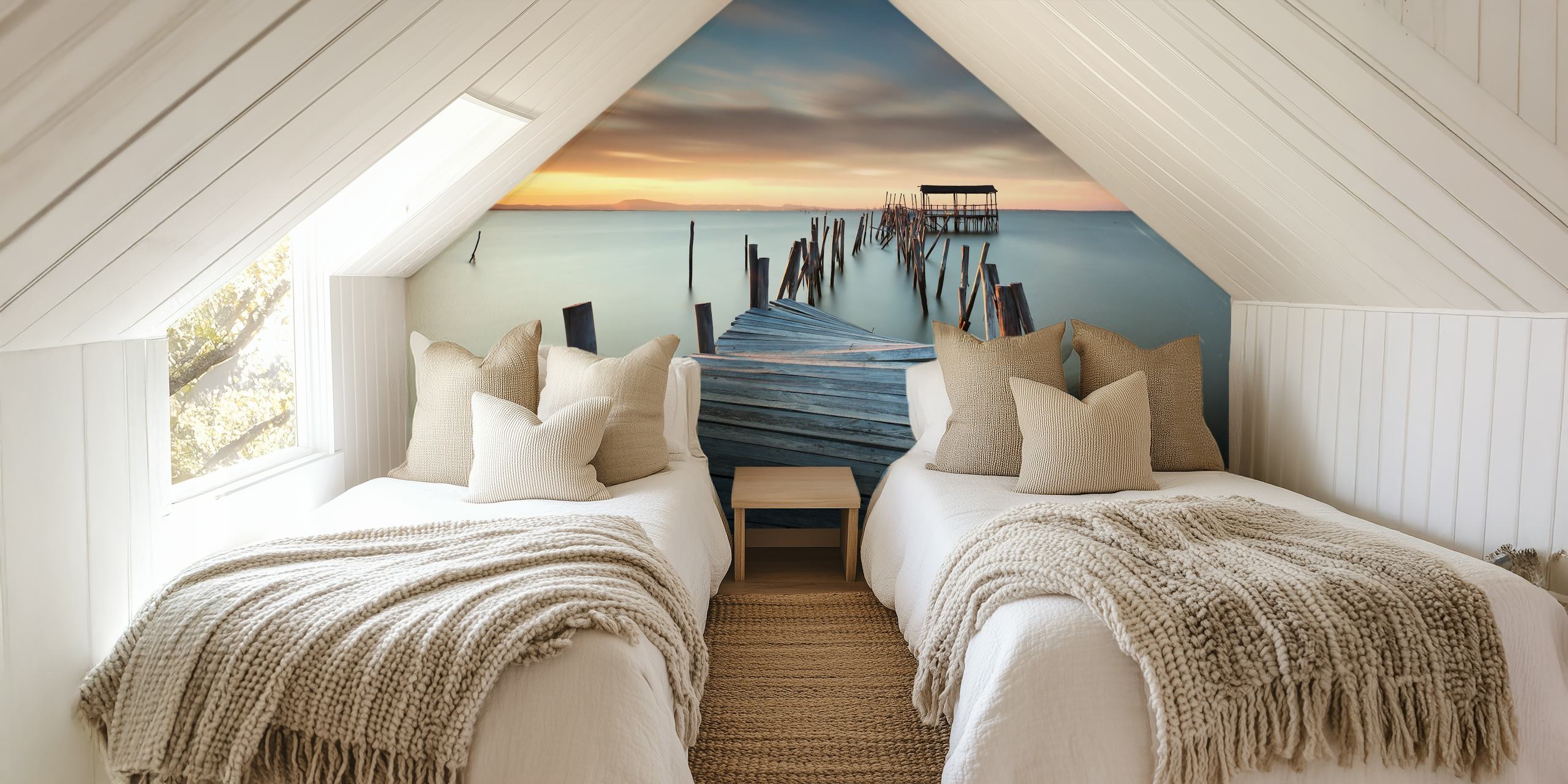A scenic view of a wooden dock leading into a calm water body under a sunset sky wallpaper