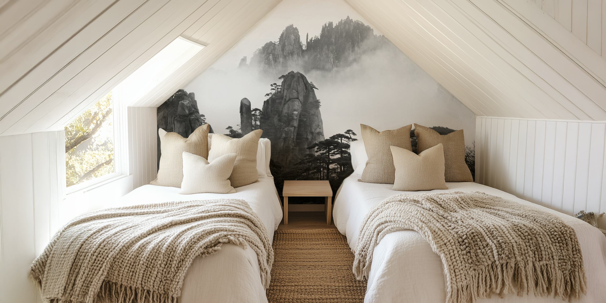 Huangshan mountain range wall mural in black and white