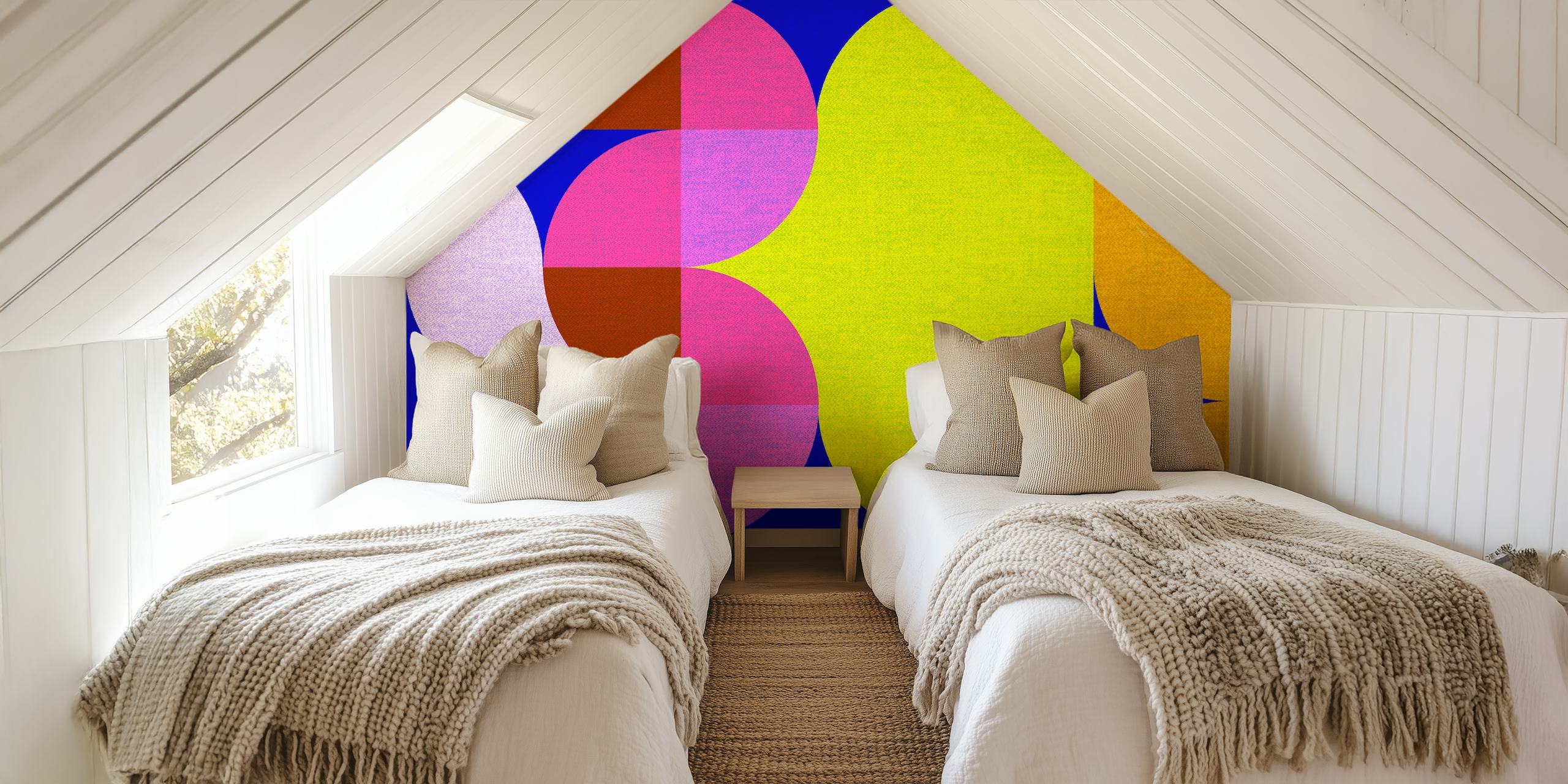 Abstract mid-century modern Bauhaus-inspired wall mural with neon color palette