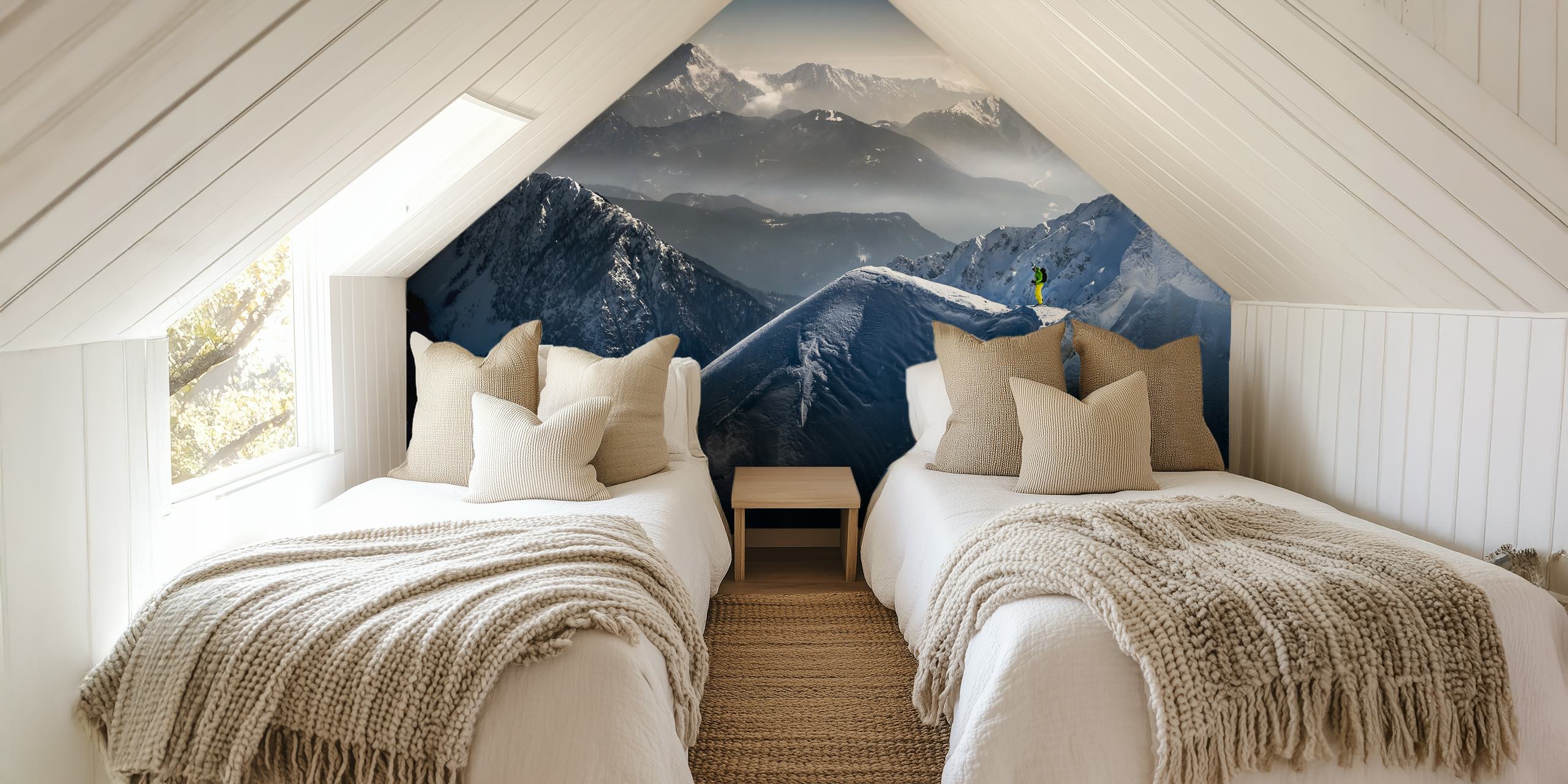 Skier on mountain peak wall mural Silence before Descent with misty mountain backdrop