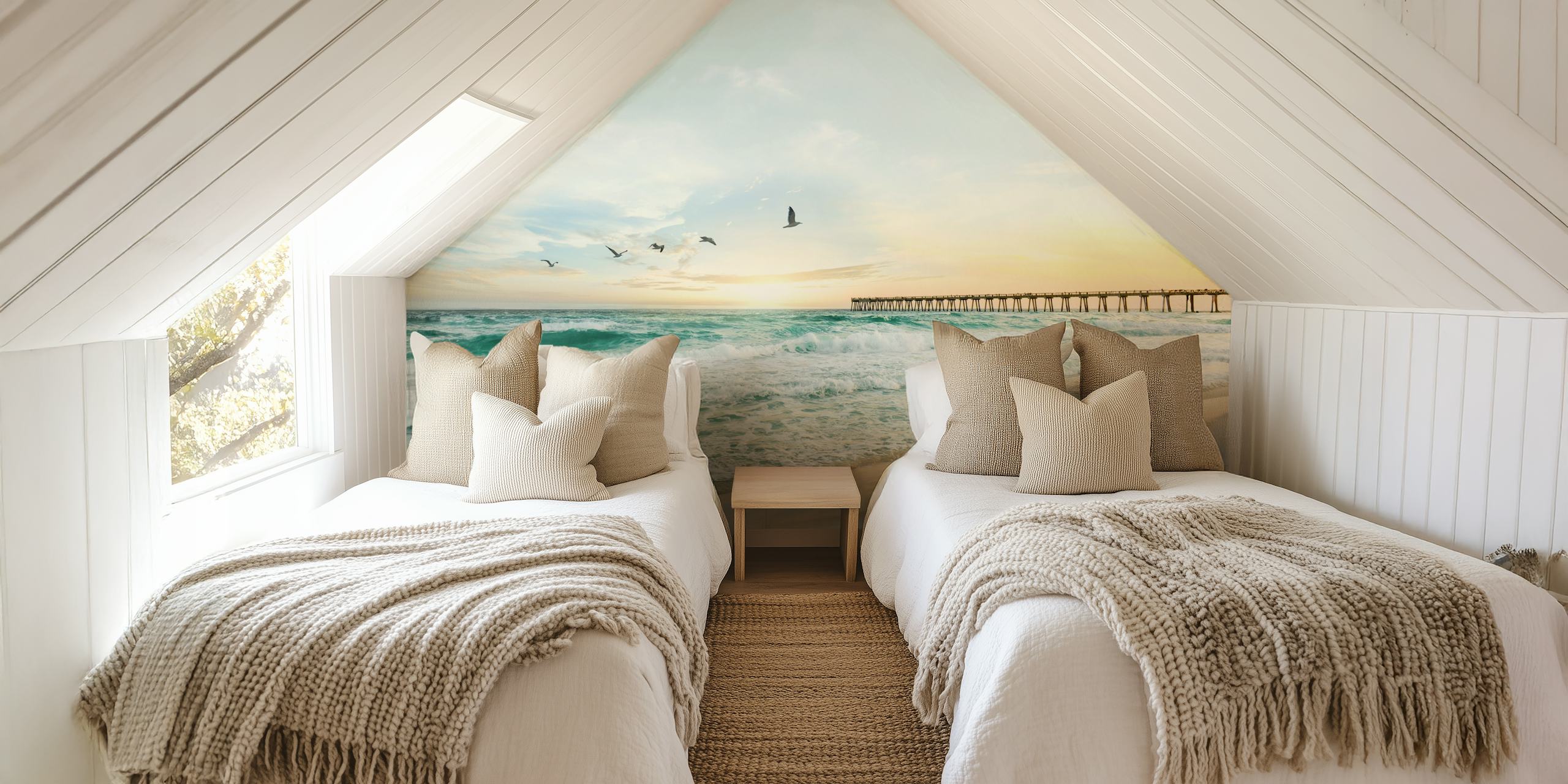 Sunset Pier wall mural with golden hues, calm ocean, and a stretching pier