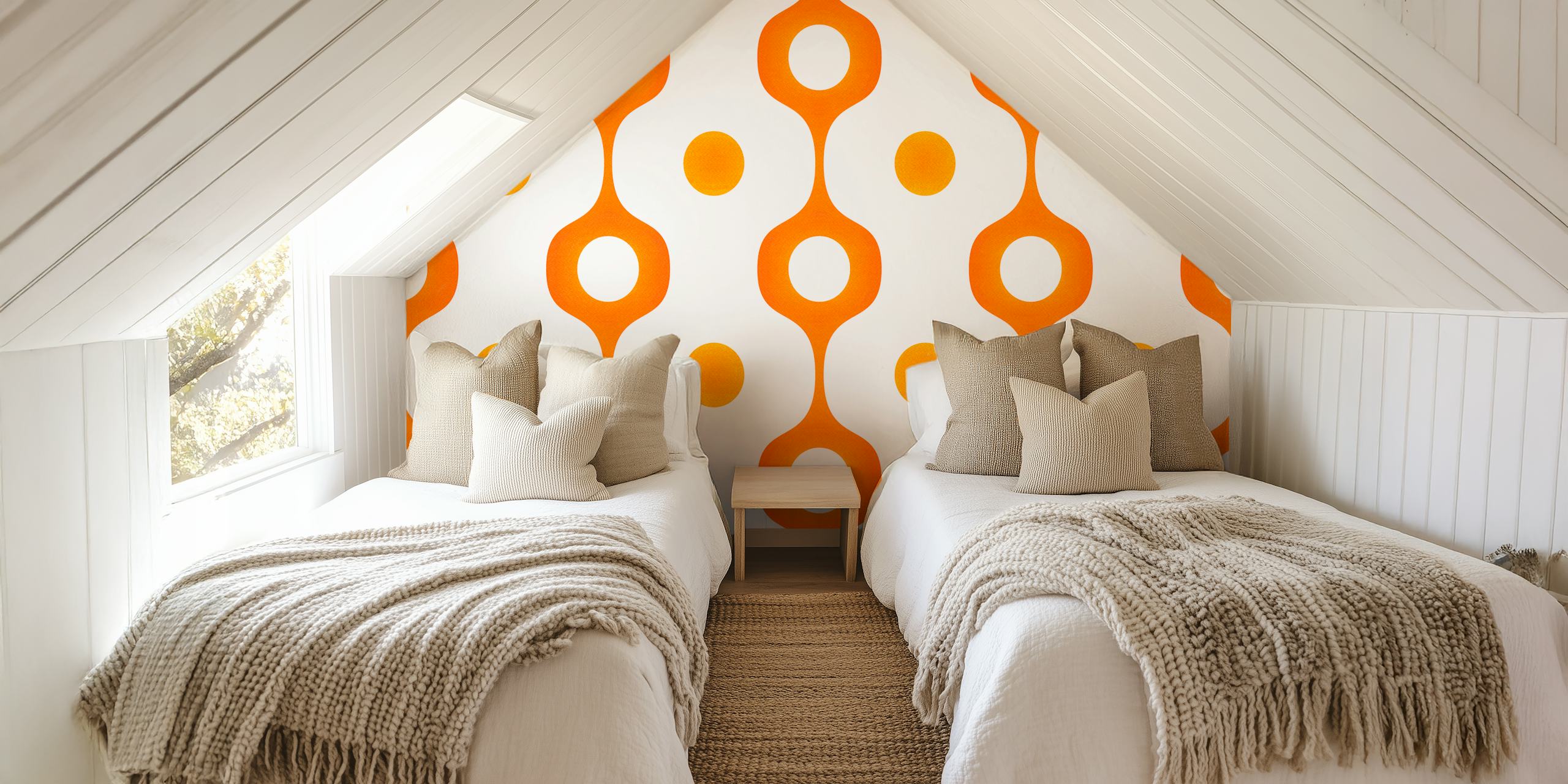 Papel tapiz geométrico naranja Retro 70s en una habitación