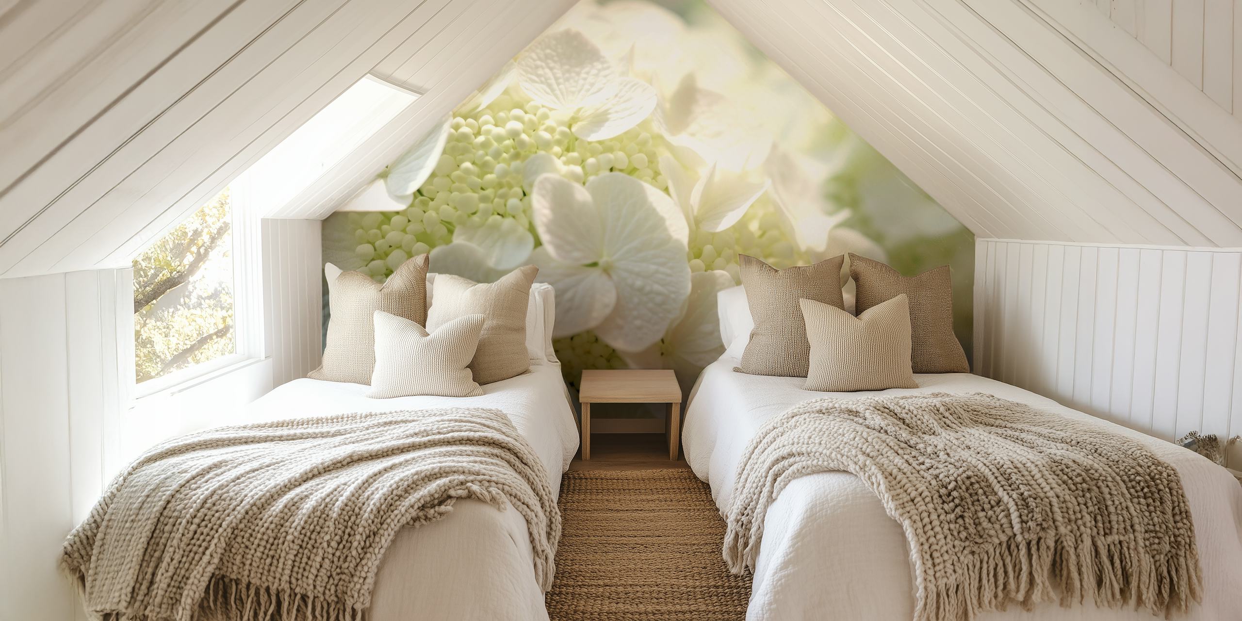 Close-up of soft white hydrangea flowers on a wallpaper