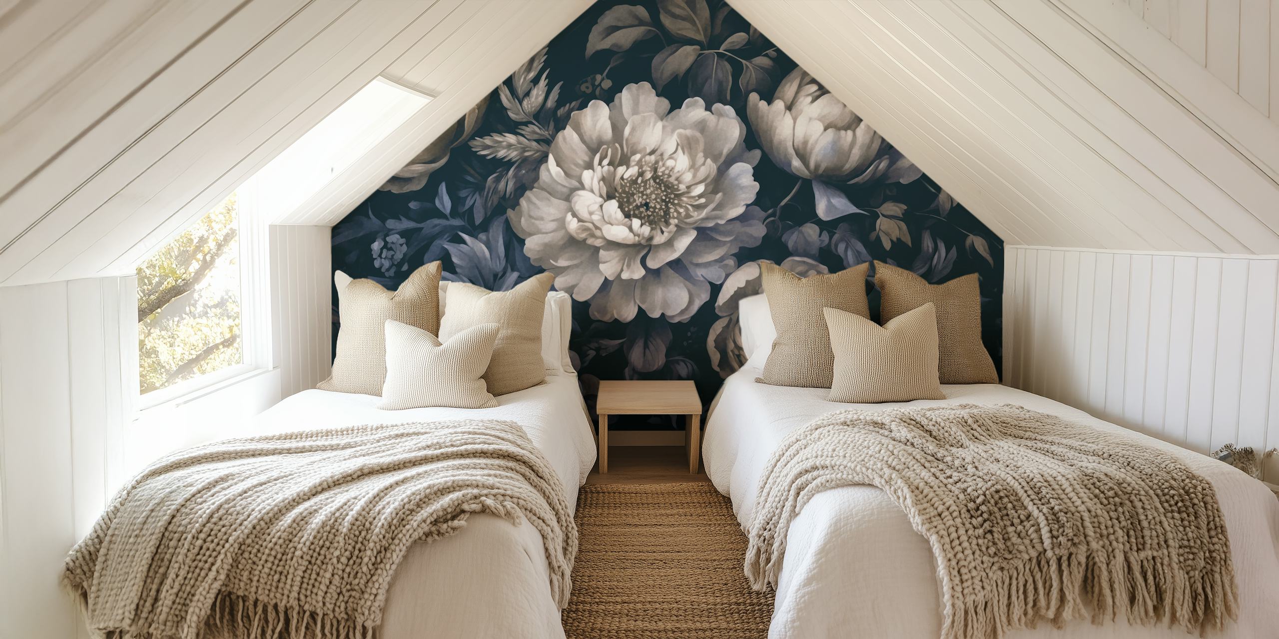 Moody blue and ivory floral design wallpaper