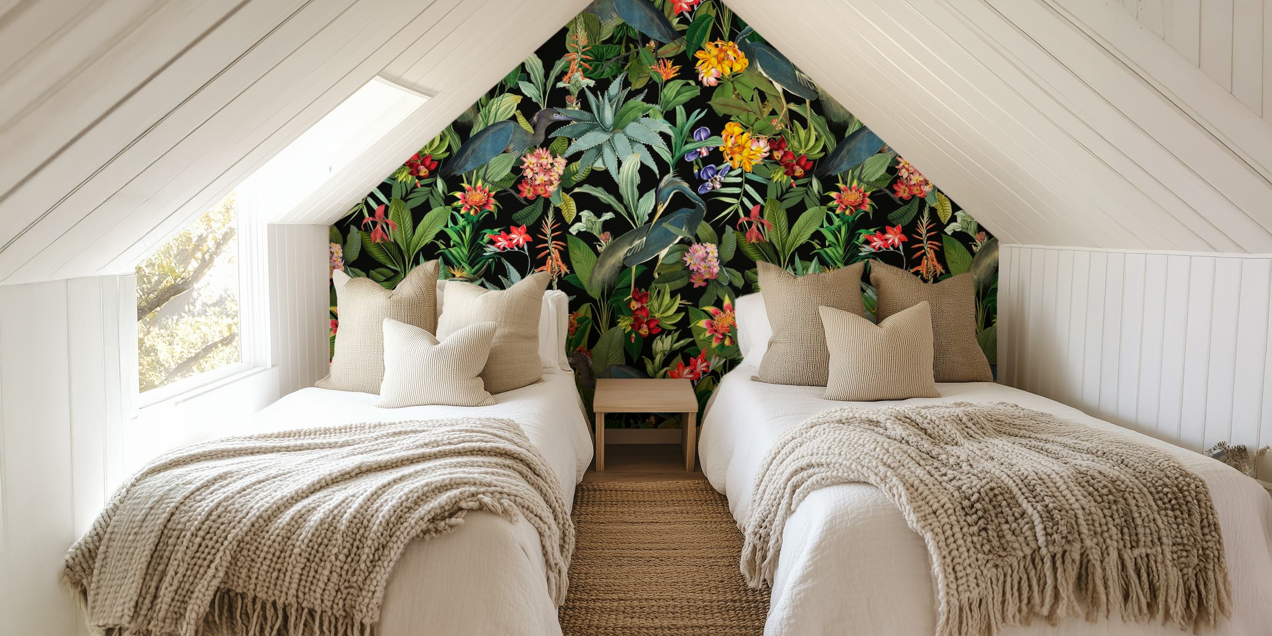 Blue Heron Flower Jungle wallpaper in a room