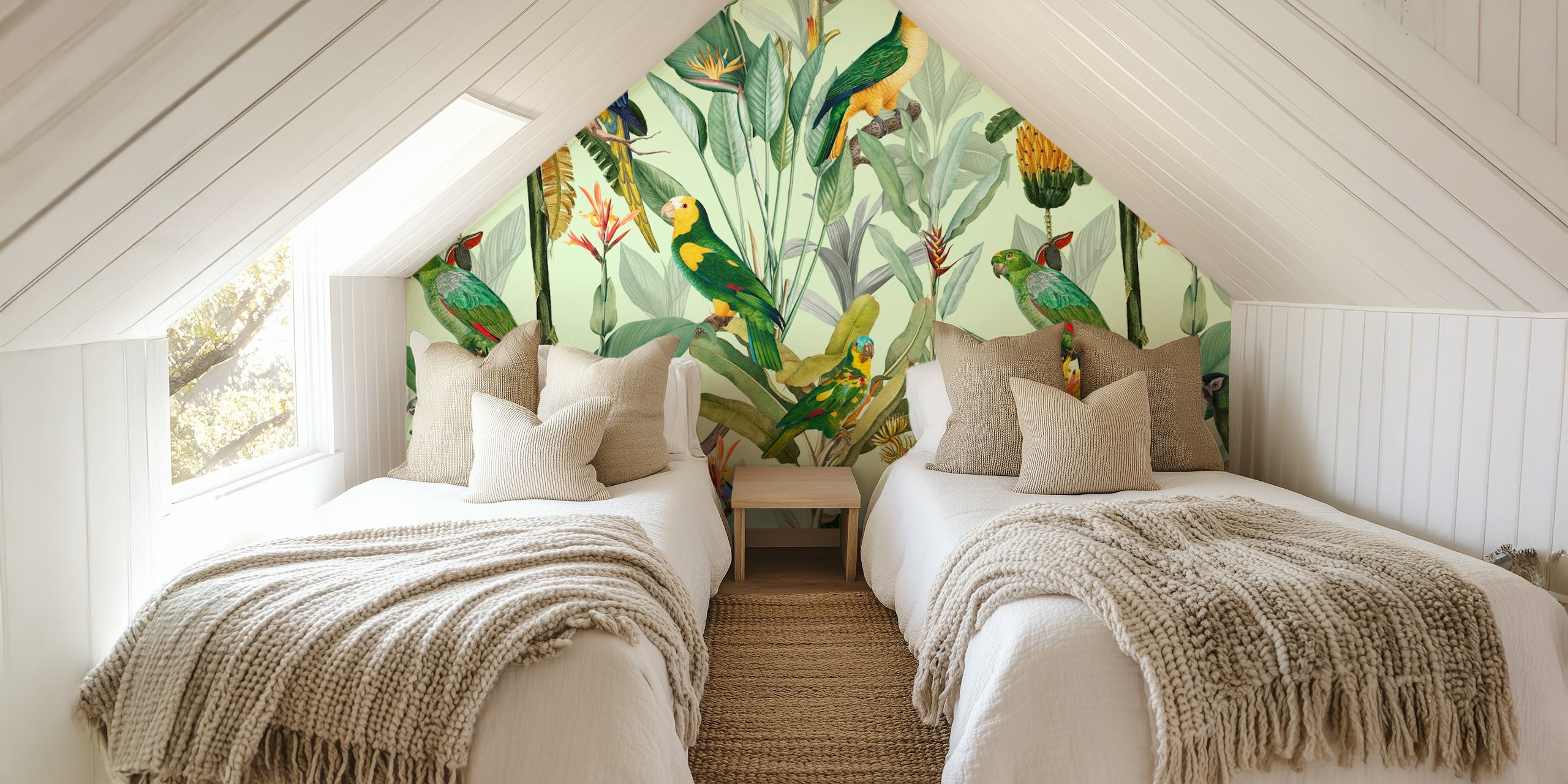 Colorful tropical parrots and greenery pattern wallpaper