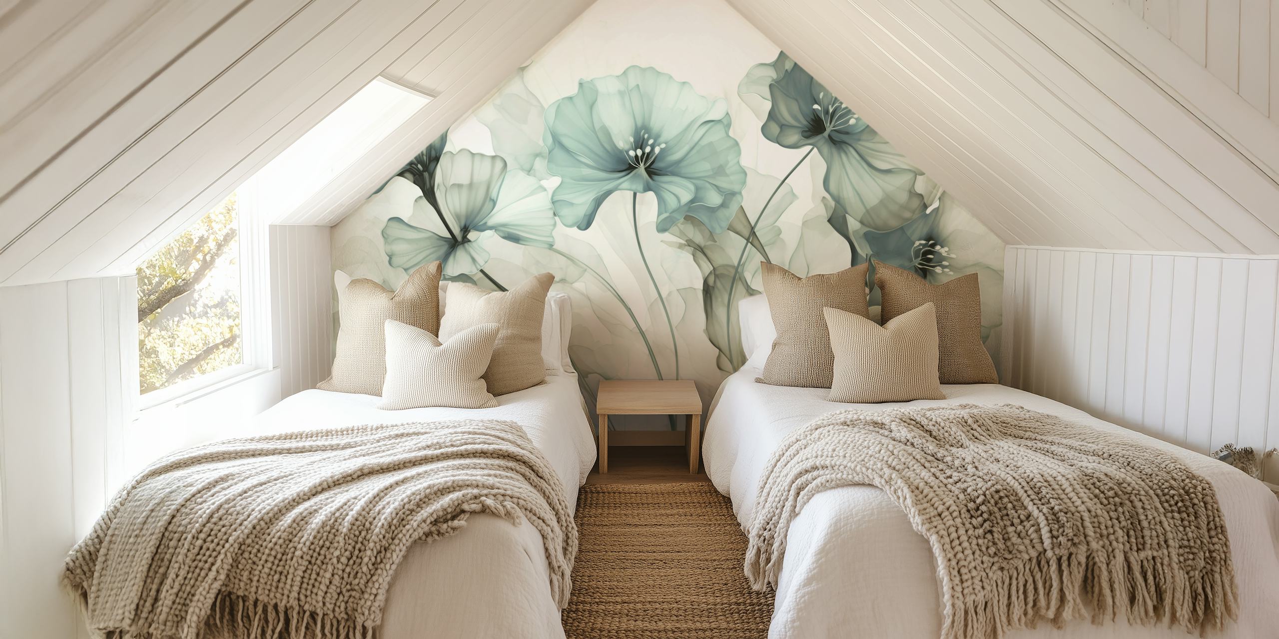 Teal grey floral wallpaper with delicate, flowing flowers