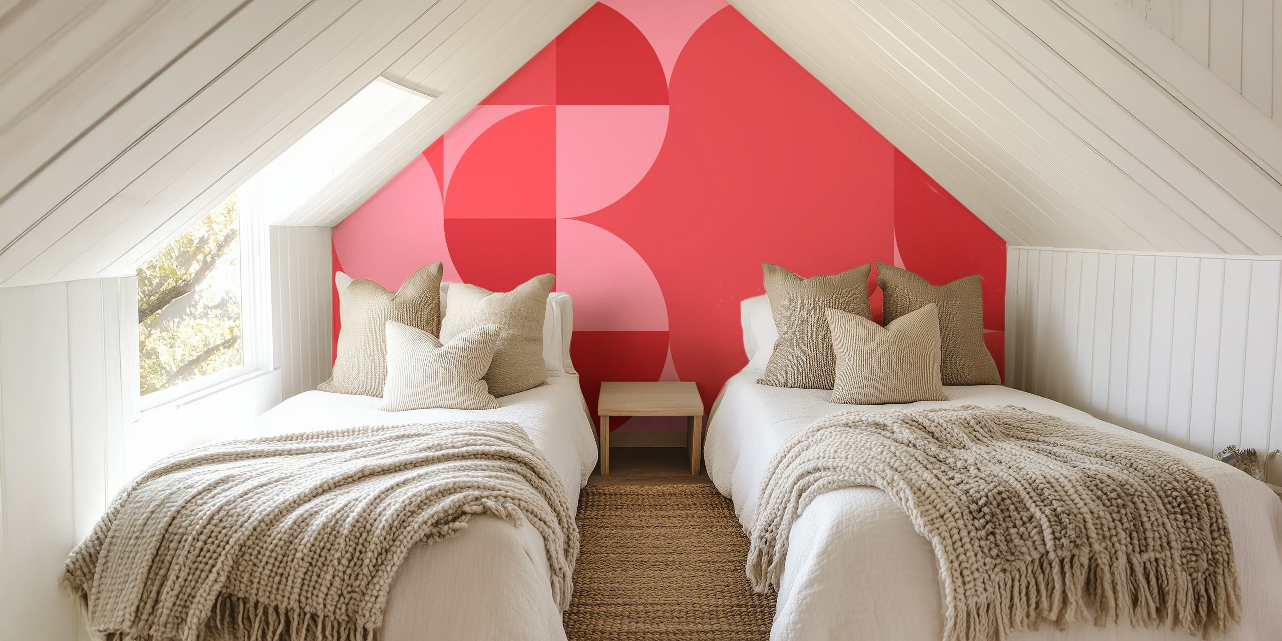 Geometric shapes in coral, pink, and red tones wallpaper