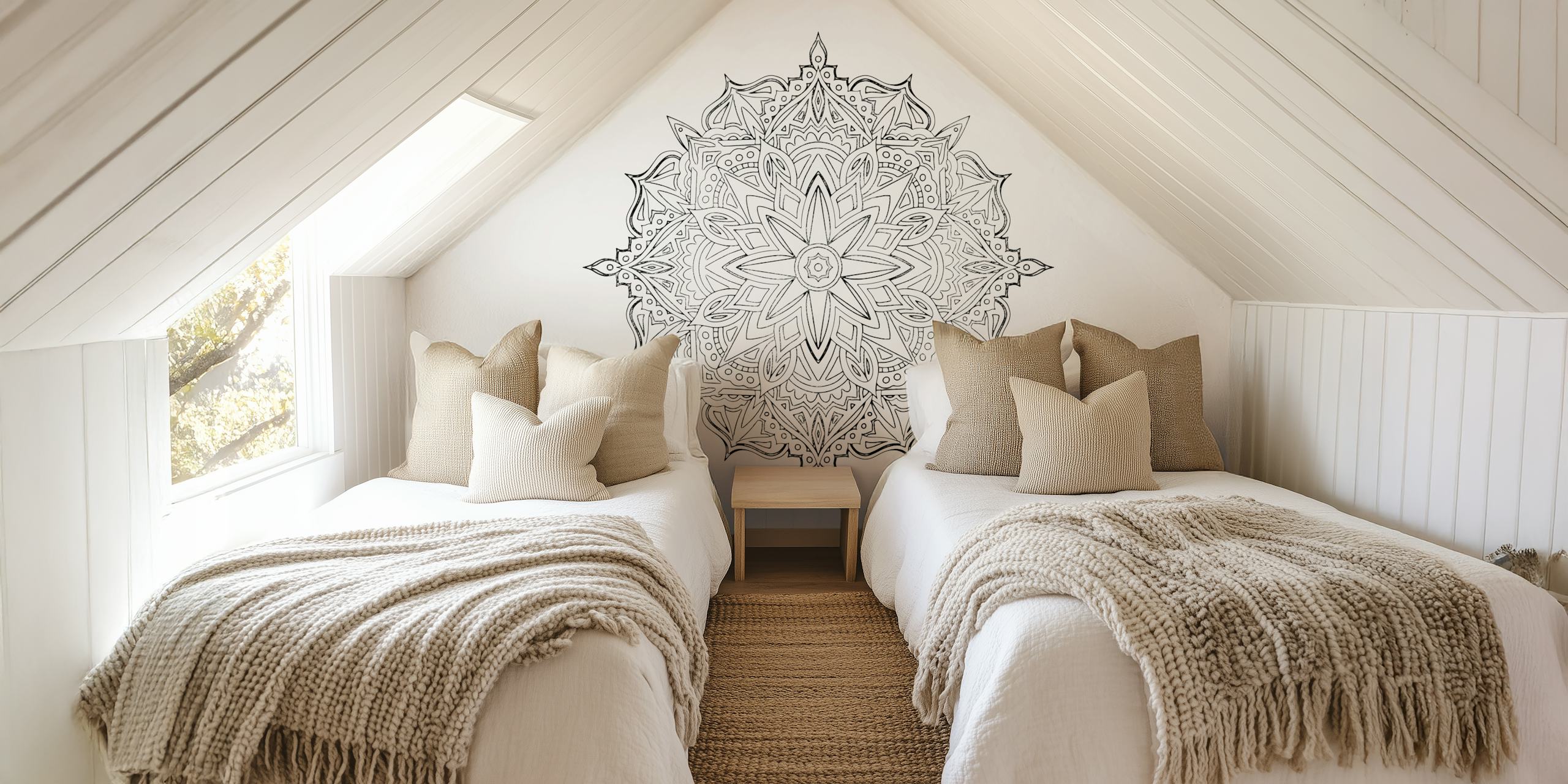 Mandala papel de parede preto e branco em um quarto