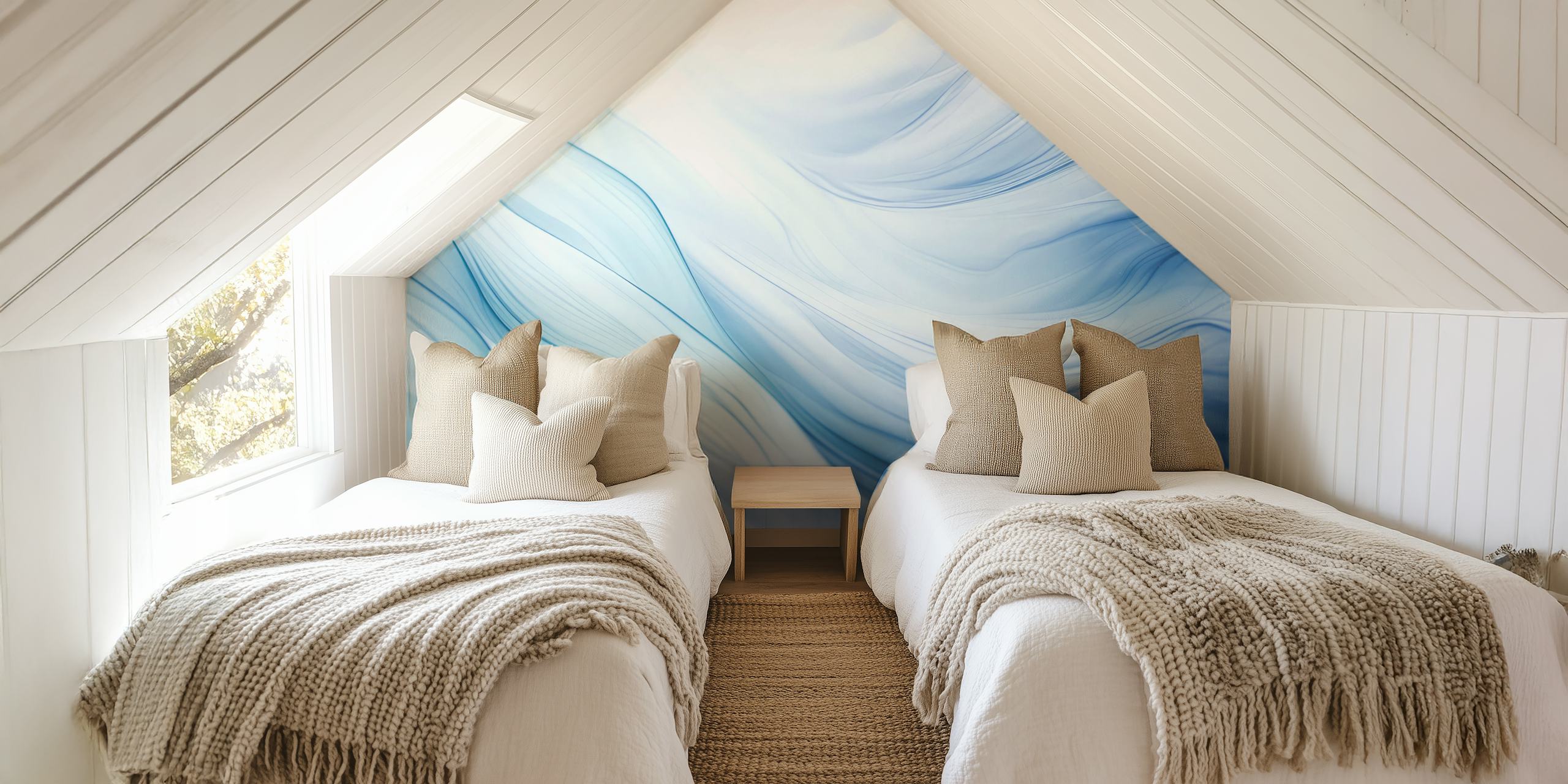 Ethereal blue wave wallpaper in a room