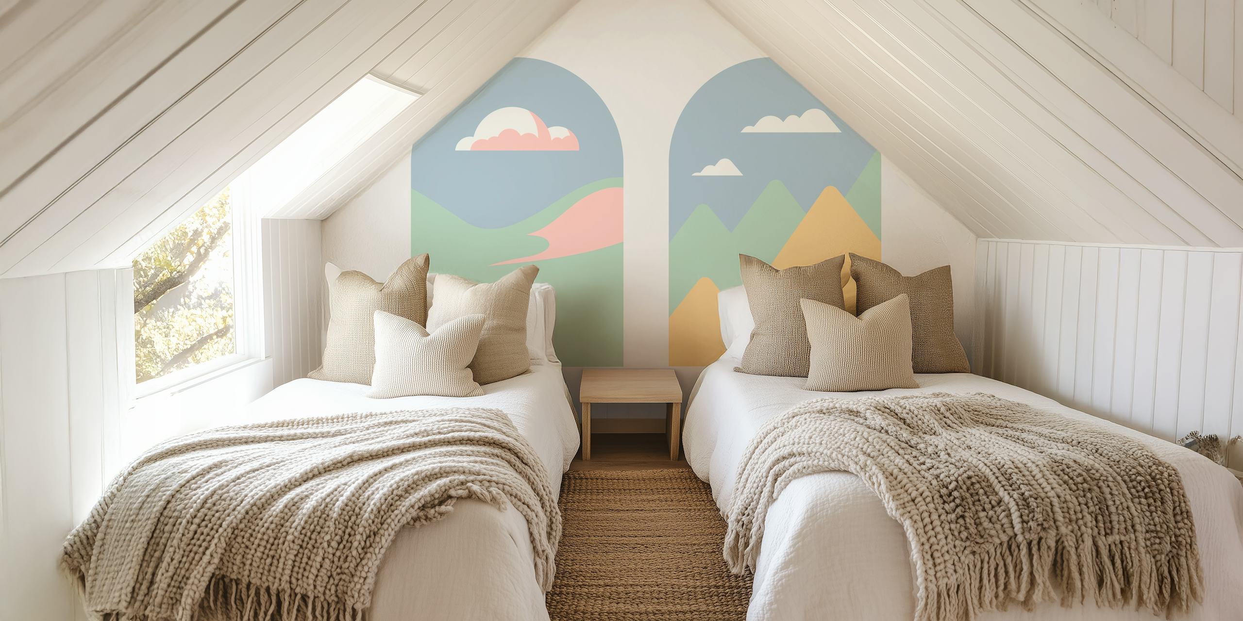 Happy Pastel Boho Arch Landscape fotobehang met abstracte heuvels en wolken in zachte kleuren