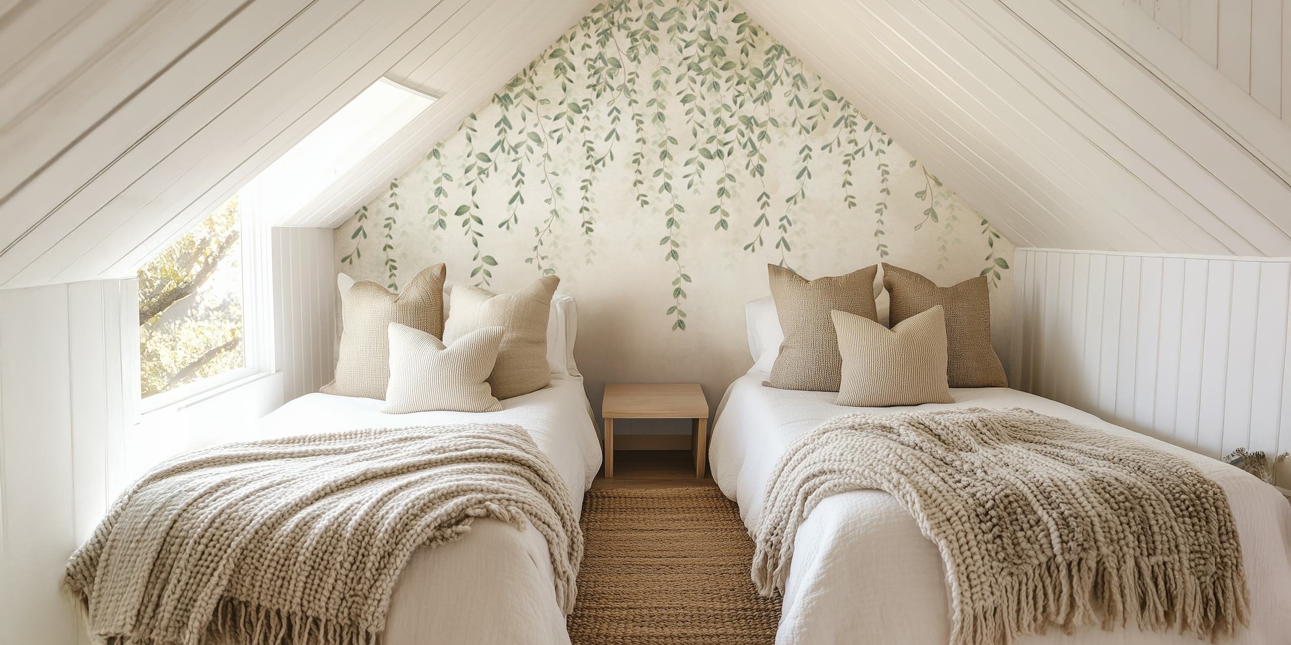 Hanging leaves in soft green tones on a textured background wallpaper