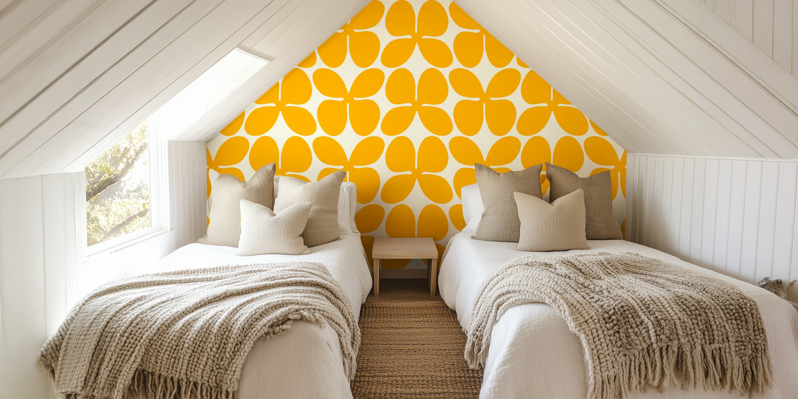 Design de papel de parede Large Retro Flowers em um quarto