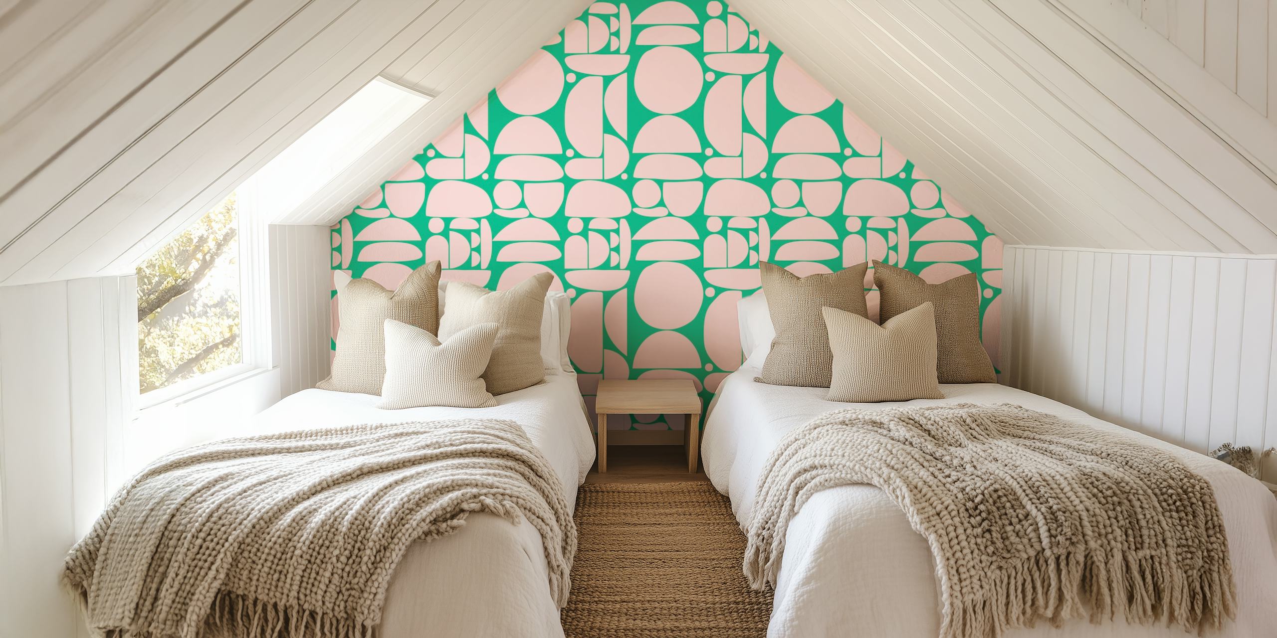 Carta da parati Pink Green Cutout Shapes in una stanza
