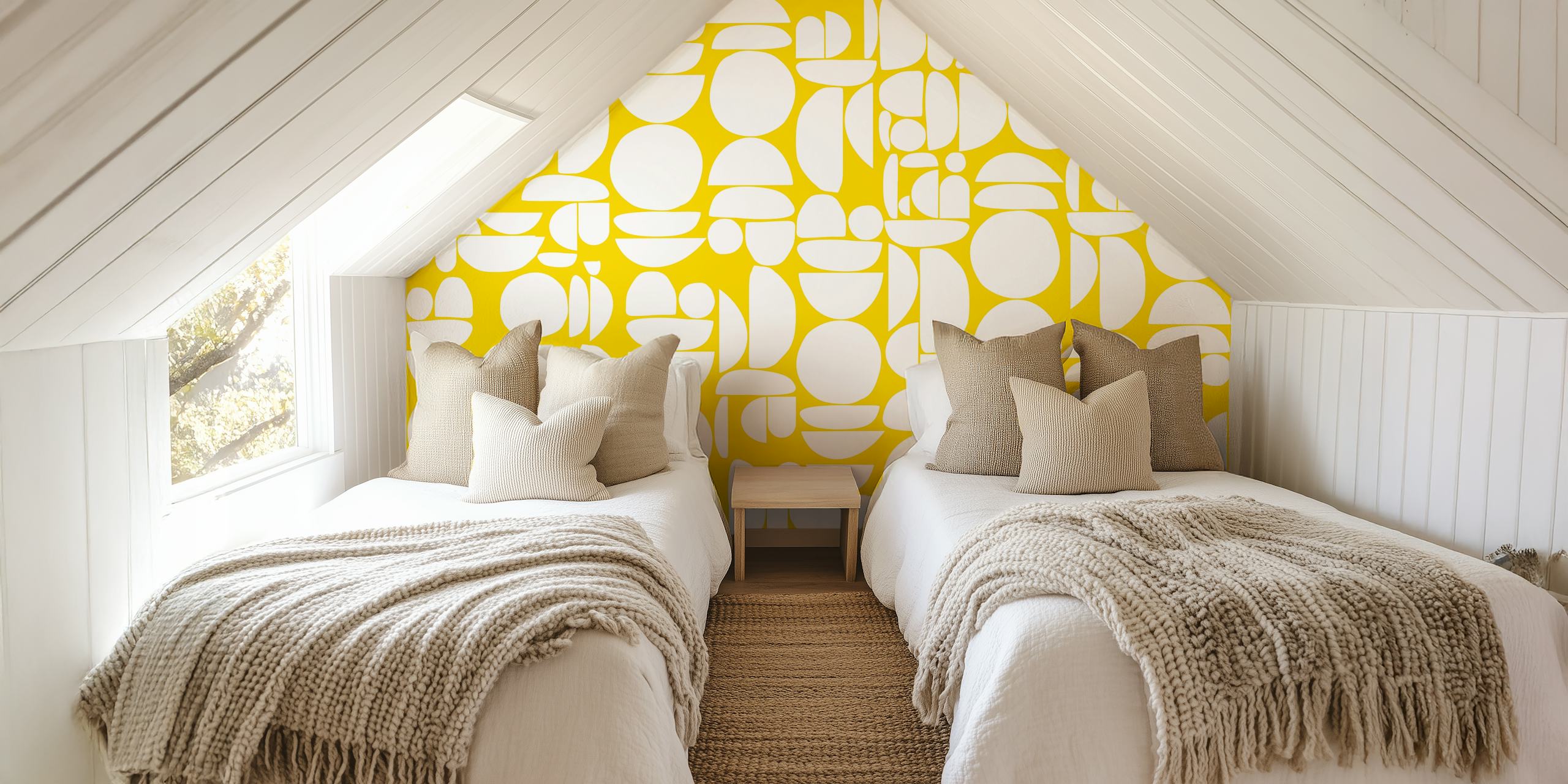 Geometric white shapes on a yellow background wallpaper