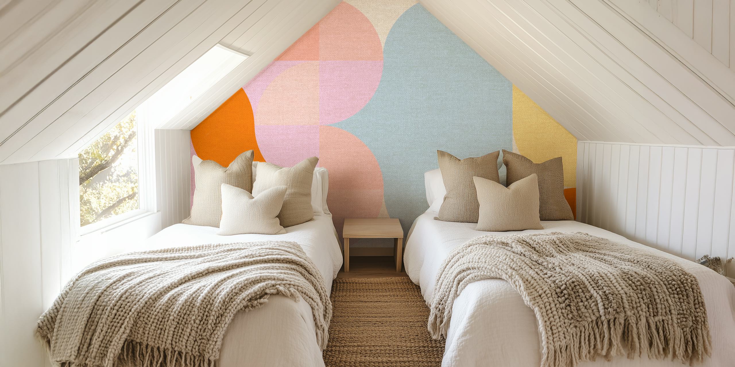 Pastel geometric shapes in orange, pink, and blue wallpaper