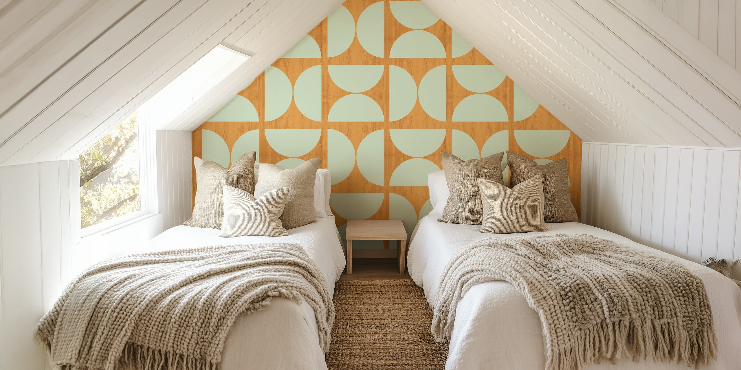 Sage Bauhaus Wood pattern wall mural with semi-circular shapes on a wooden texture background