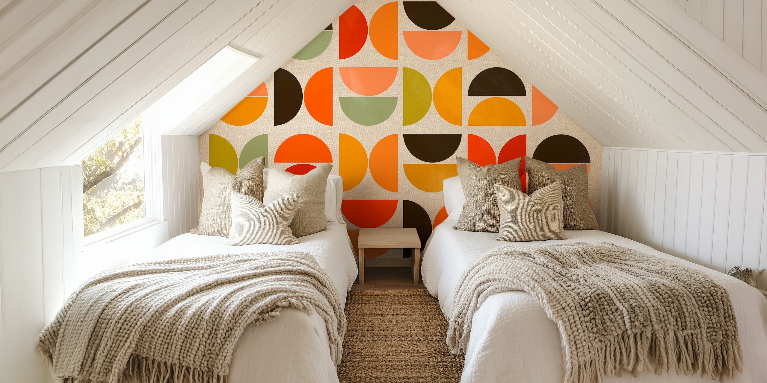 Colorful geometric shapes in warm tones on beige wallpaper