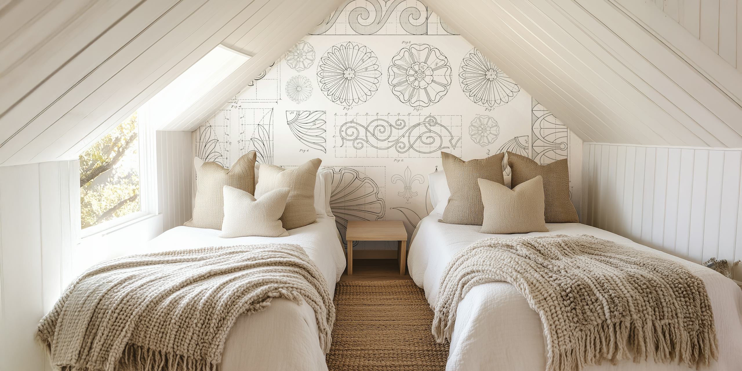 Vintage architectural floral ornament wallpaper in grayscale