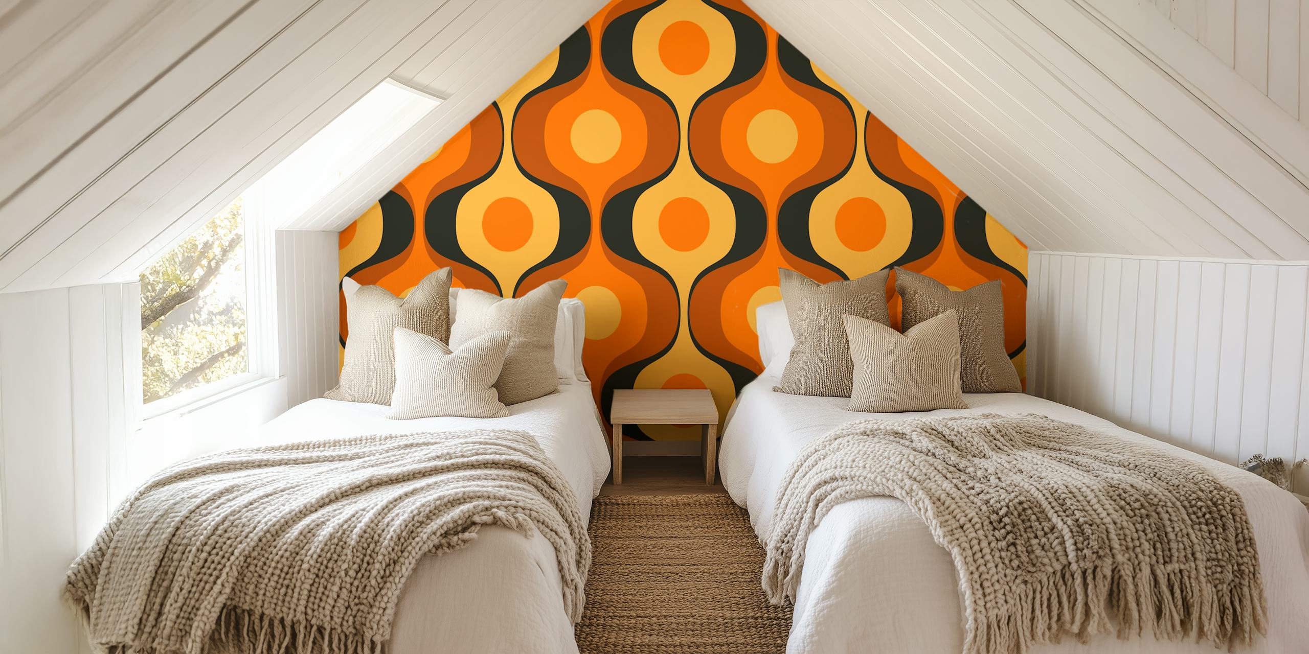 Geometric wave pattern in orange, black, and cream colors wallpaper