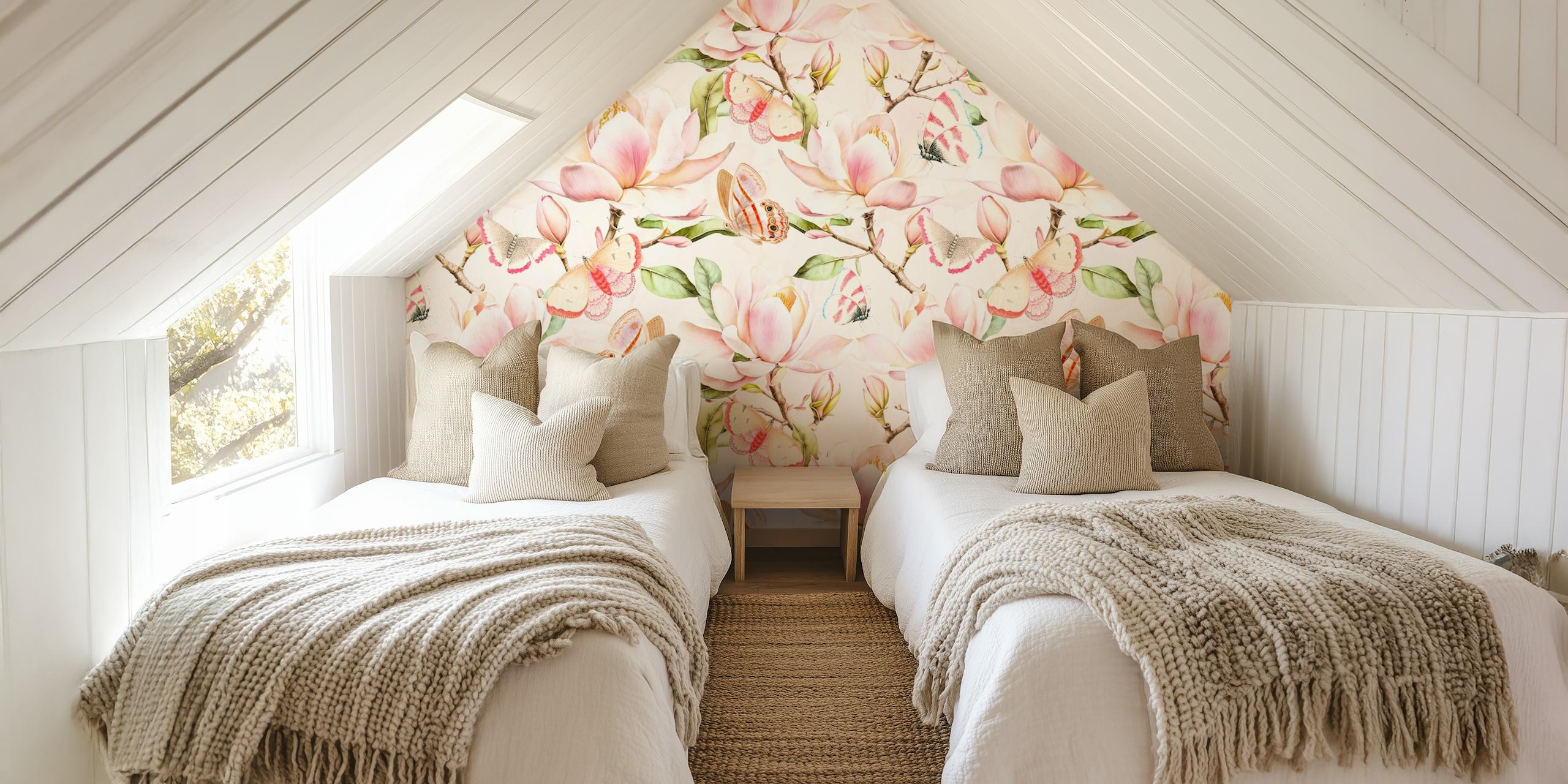 Pink magnolia flowers and butterflies on light background wallpaper