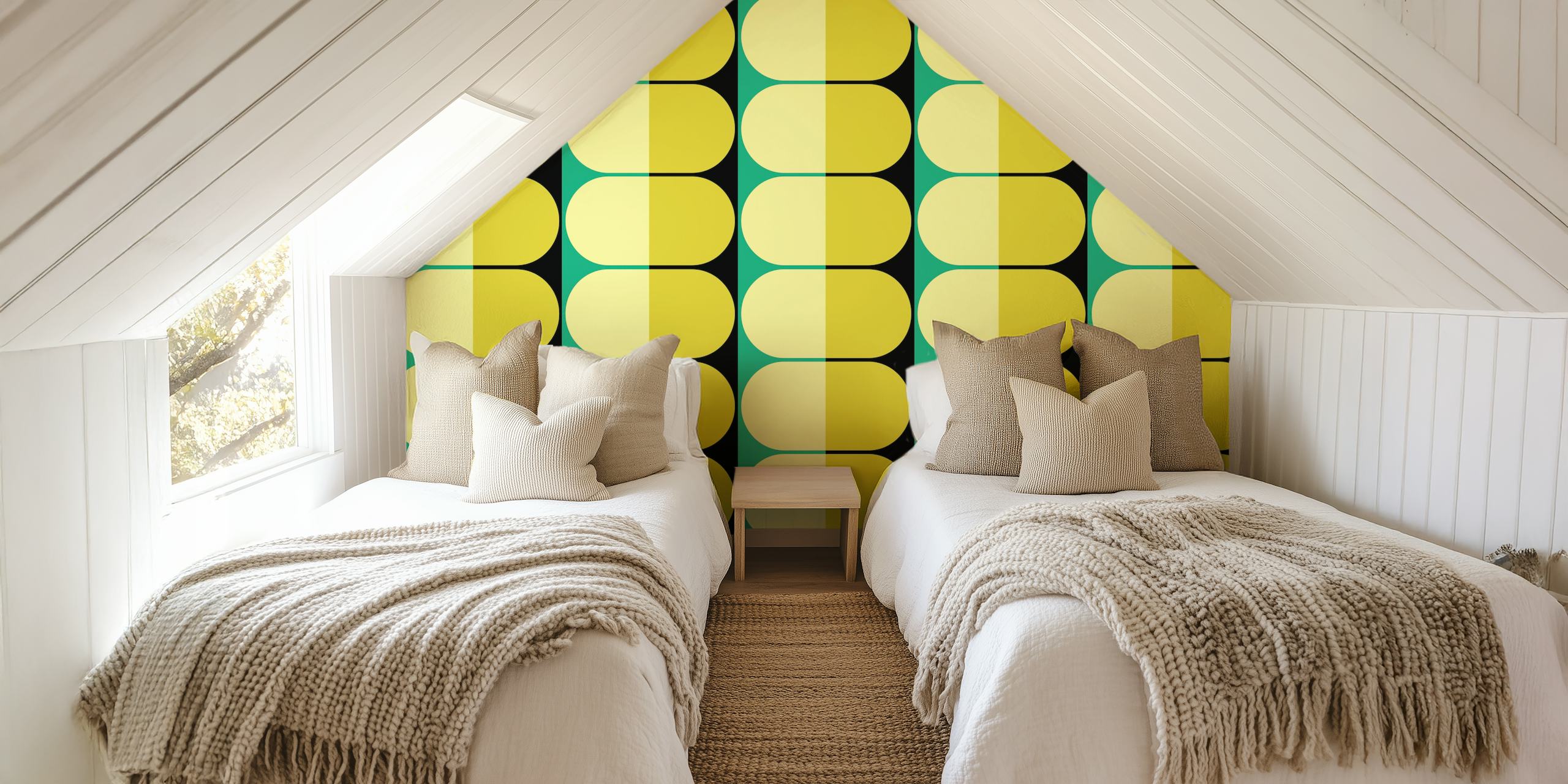 Fresh sage mid-century vintage abstract wallpaper in a room