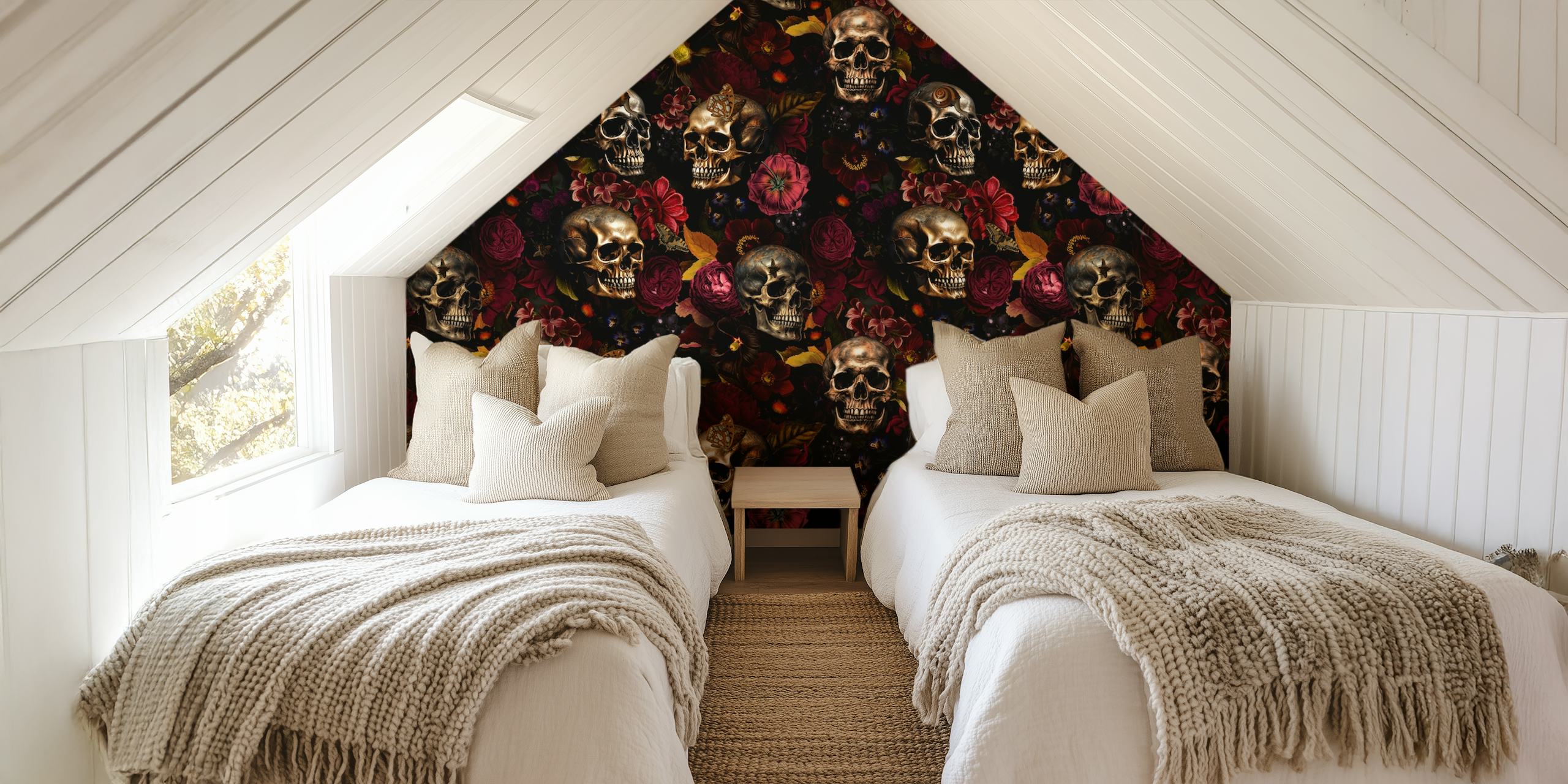 Baroque Skulls and Moody Florals Wall Mural in a Night Garden Theme