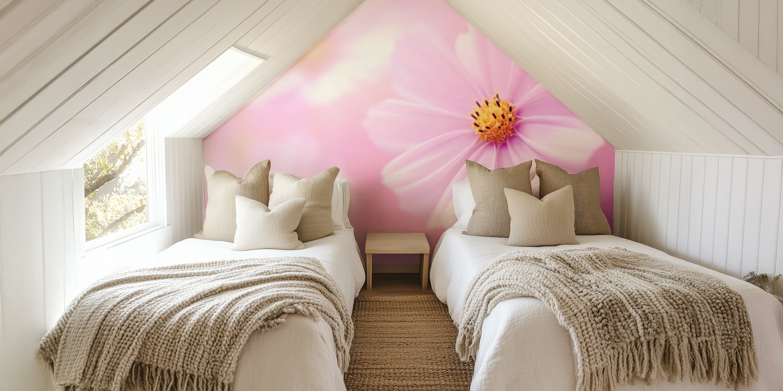Nahaufnahme einer rosa Blüte, die das Wandgemälde „Beautiful Summer Day“ auf happywall.com darstellt