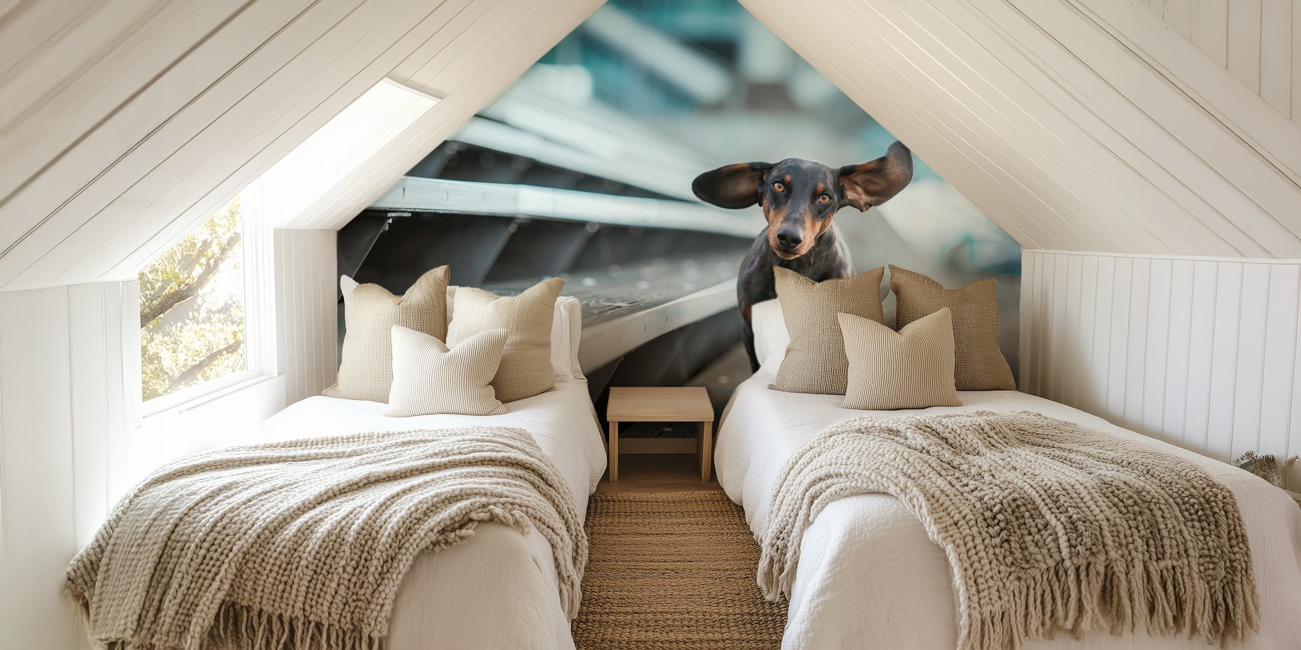 Wandbild mit kleinem Hund auf einer städtischen Metallbrücke
