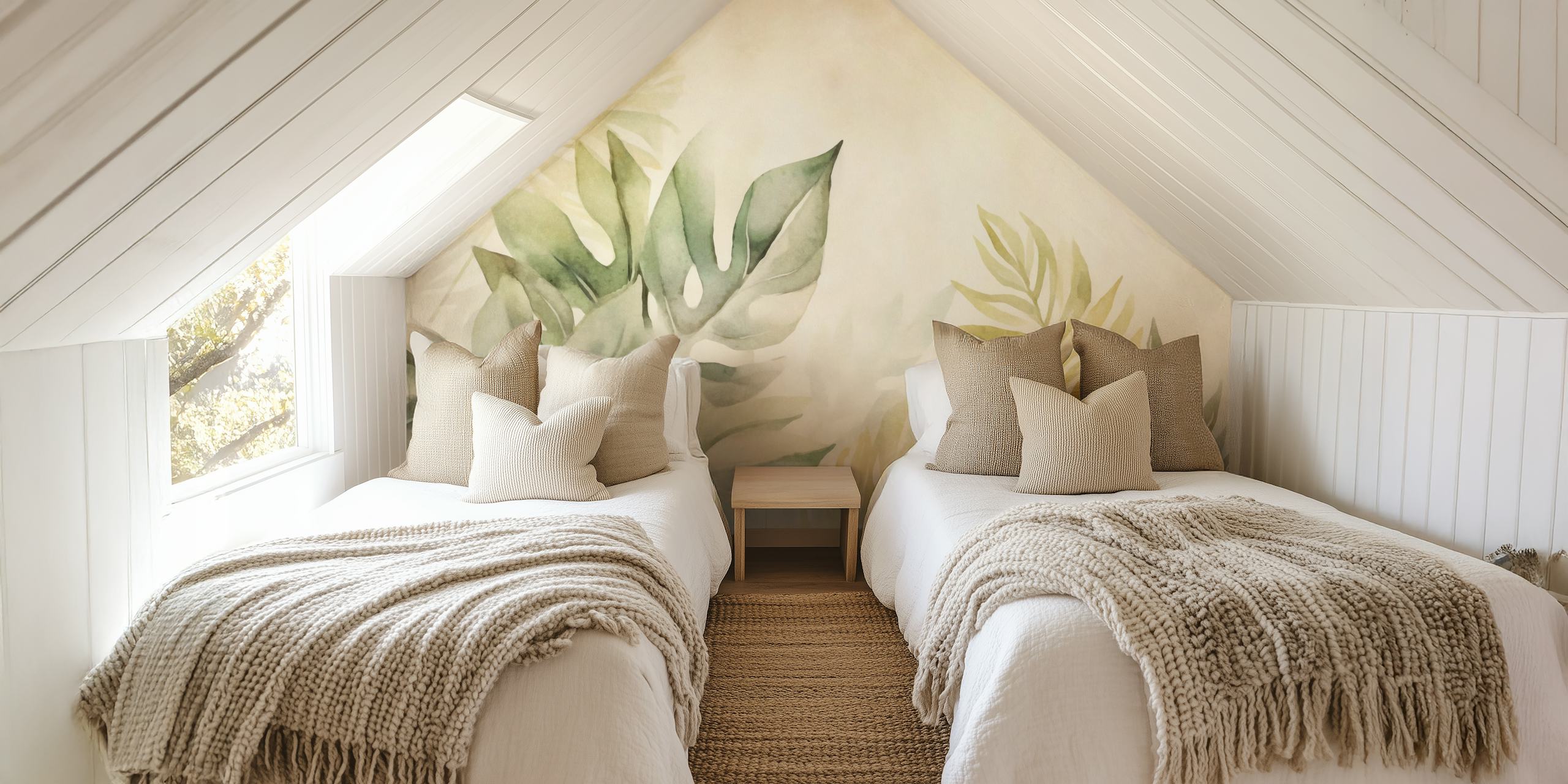 Gentle Leaf Tropical Whispers Beige Green wall mural with serene foliage