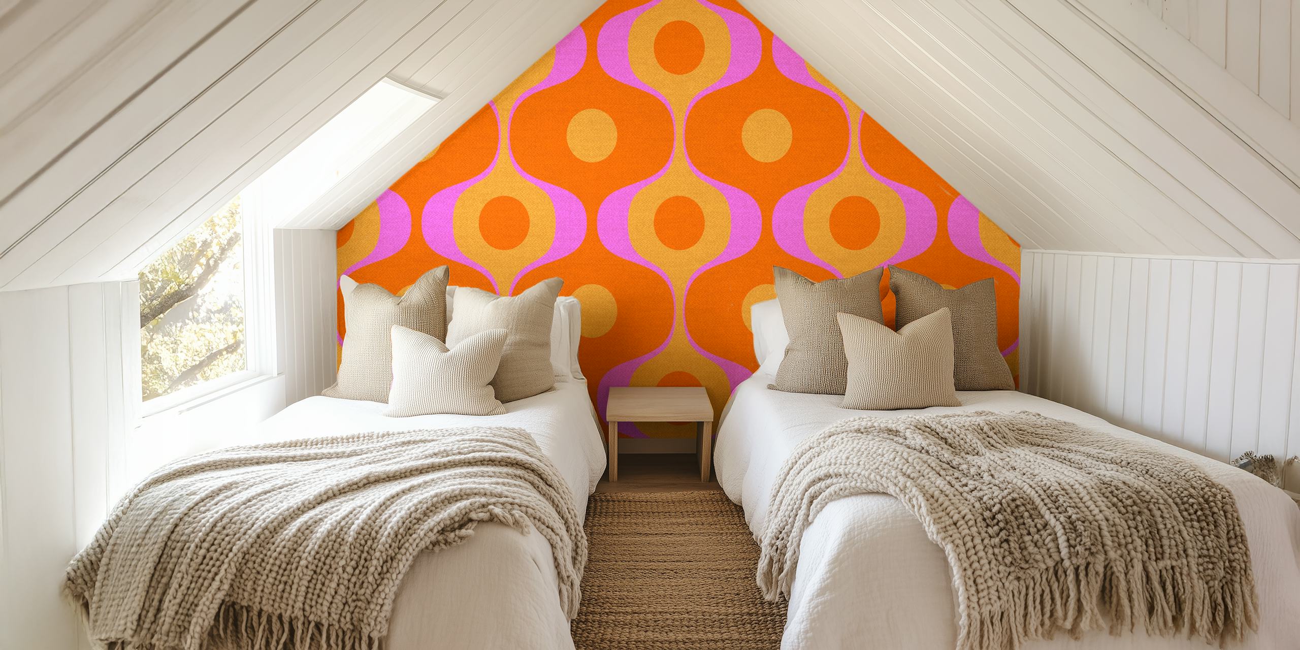 Papier peint géométrique coloré avec motifs ondulés orange et violet