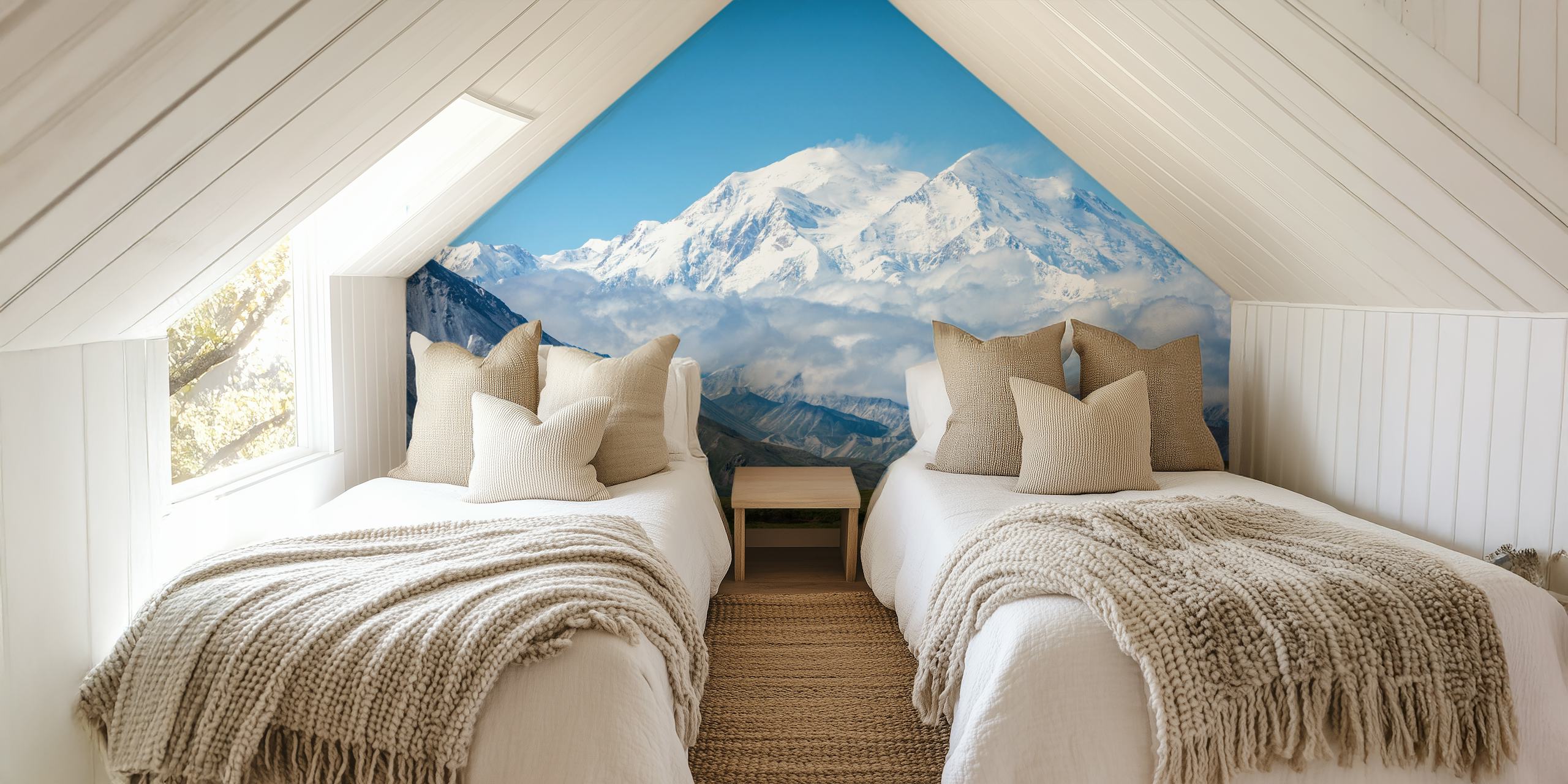 Majestic mountain landscape with cloud cover and blue sky wallpaper