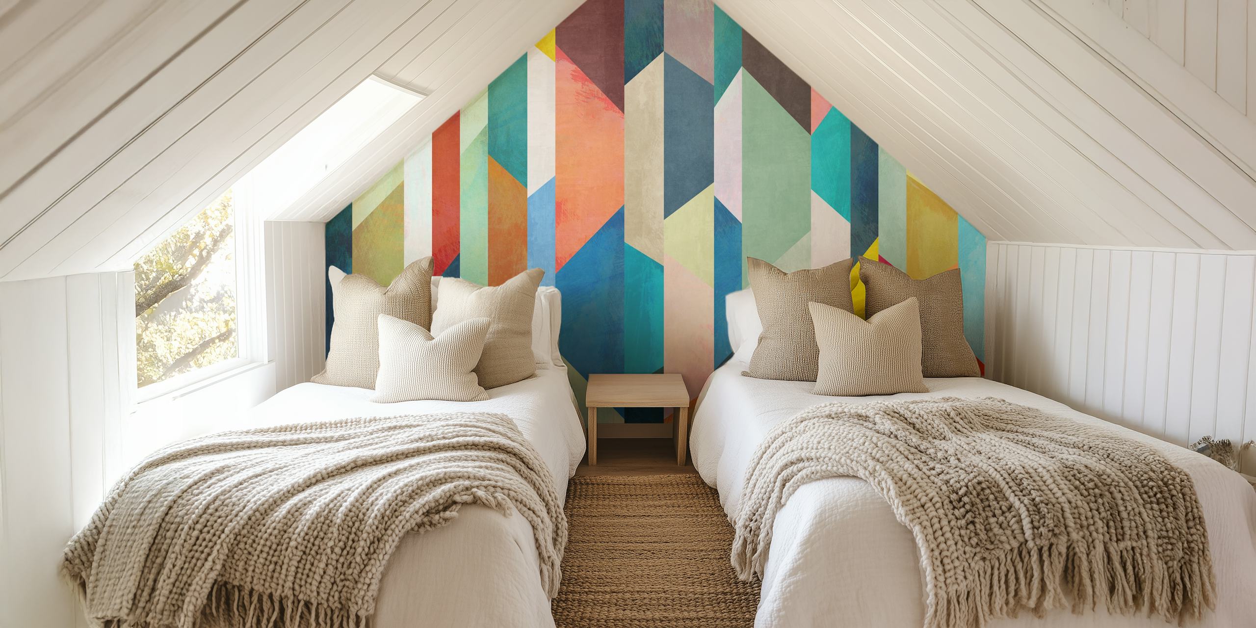 Colorful geometric pattern in shades of blue, orange, pink, and yellow wallpaper