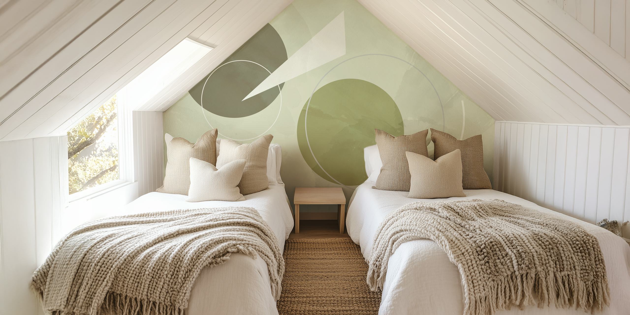Sage and grey geometric shapes wall mural in mid-century modern style