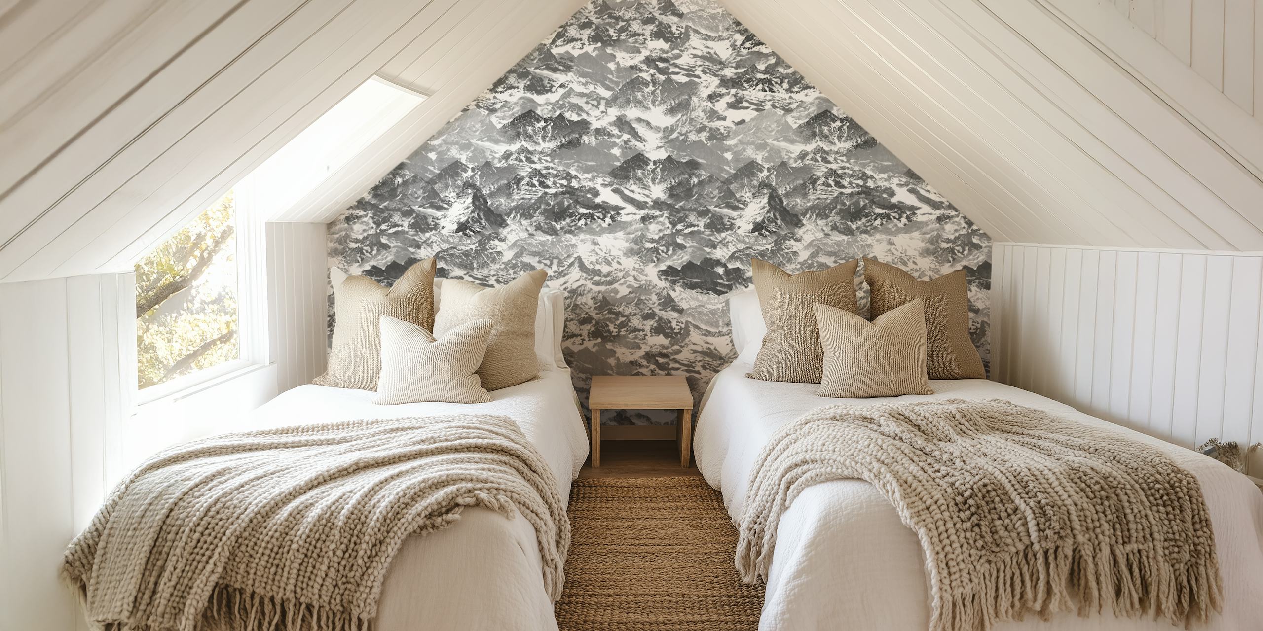 BW mountains camo wallpaper in een kamer