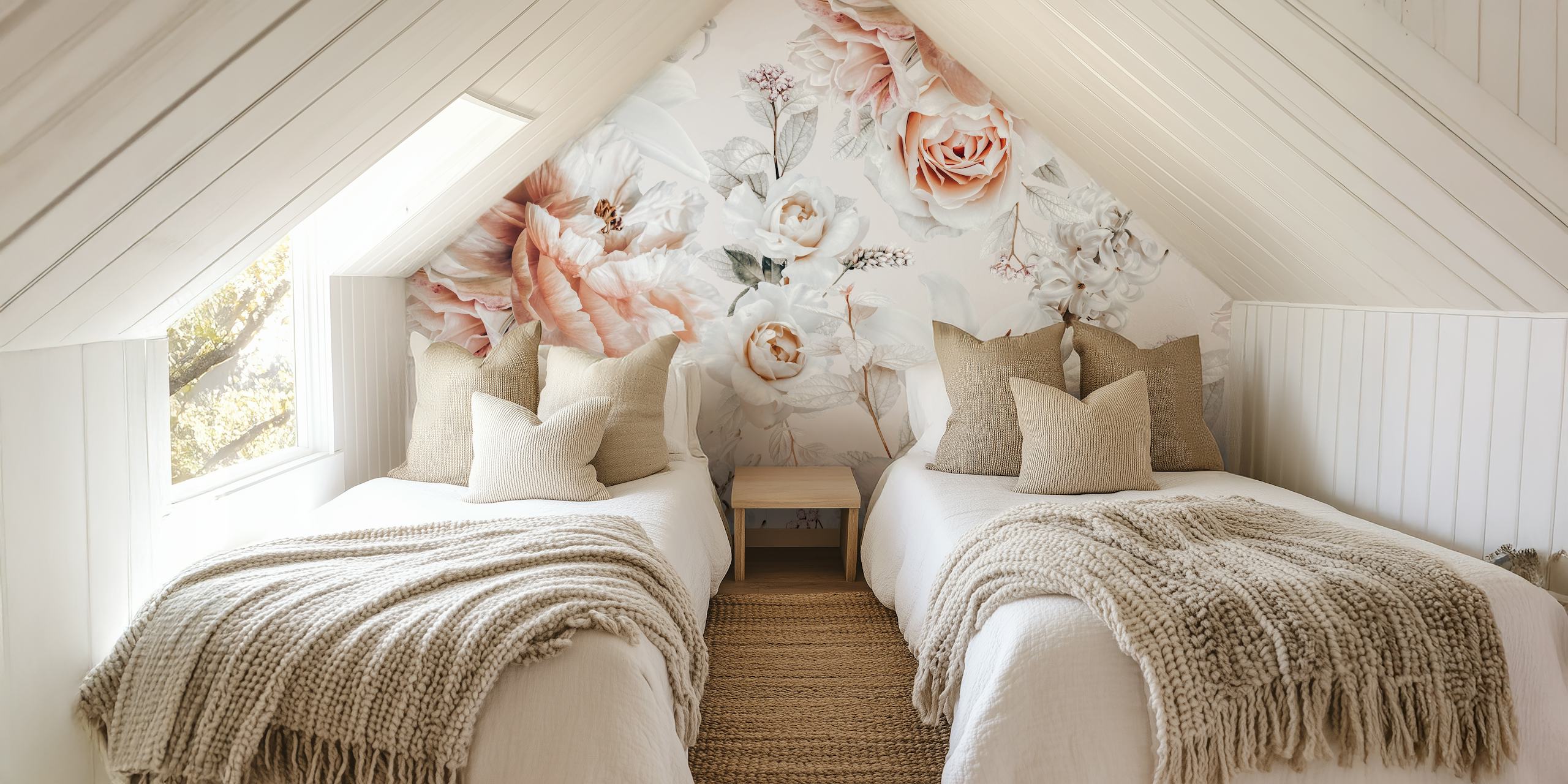 Pink floral wallpaper with roses and lilies in soft tones