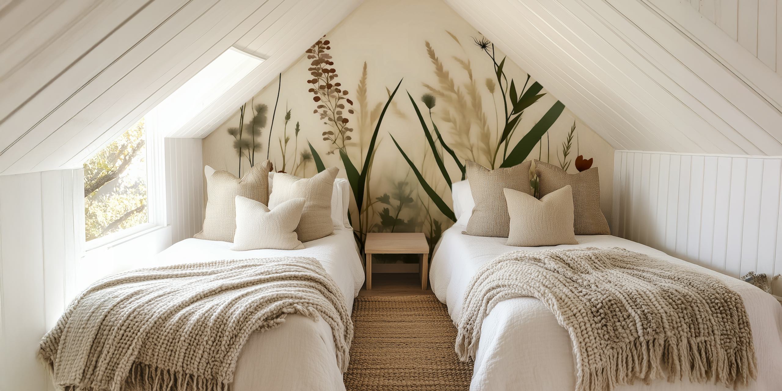 Minimalist floral Japandi-inspired wall mural with Scandinavian elements