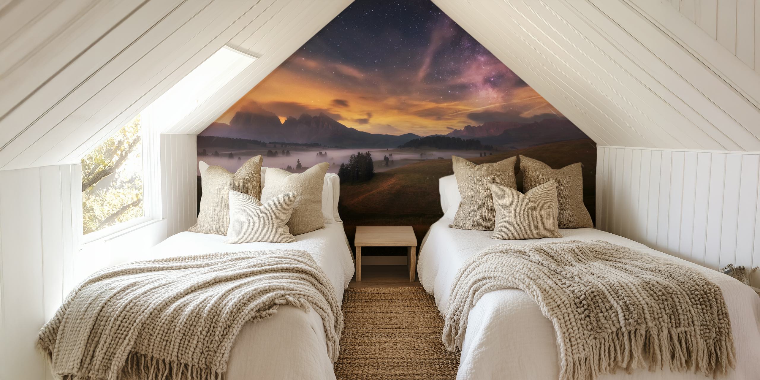 Alpe di Siusi at night wall mural featuring starry sky and mountain landscape