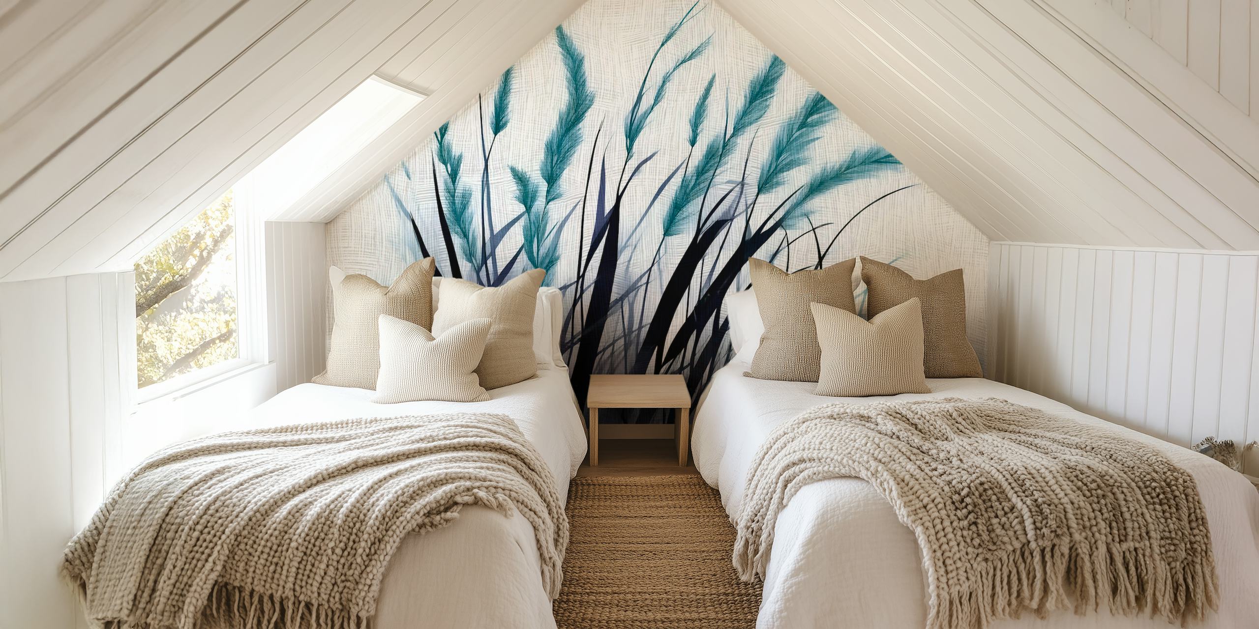 Teal meadow wallpaper with floral patterns and textured background