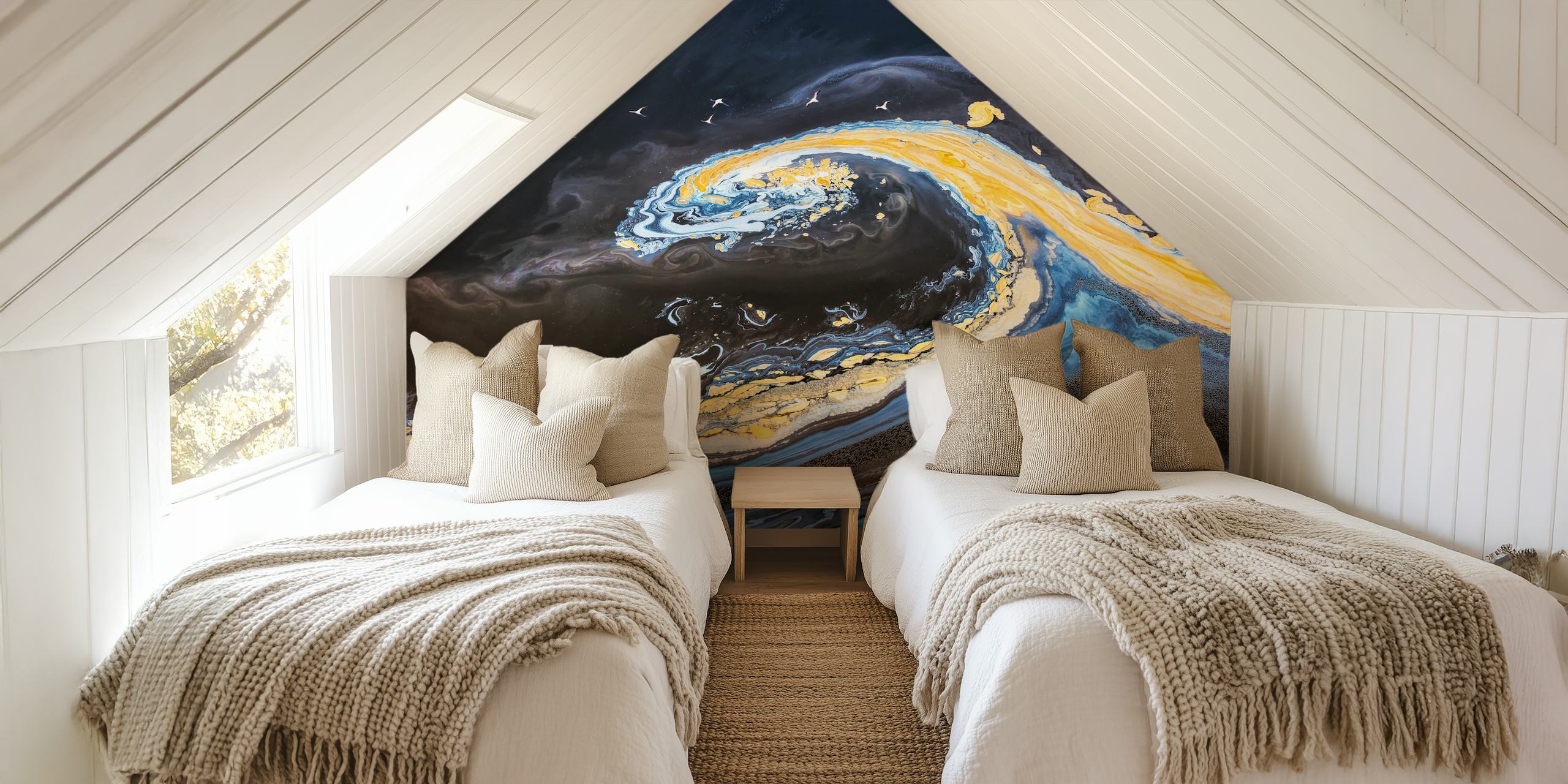 Colorful wave wallpaper displayed in a room