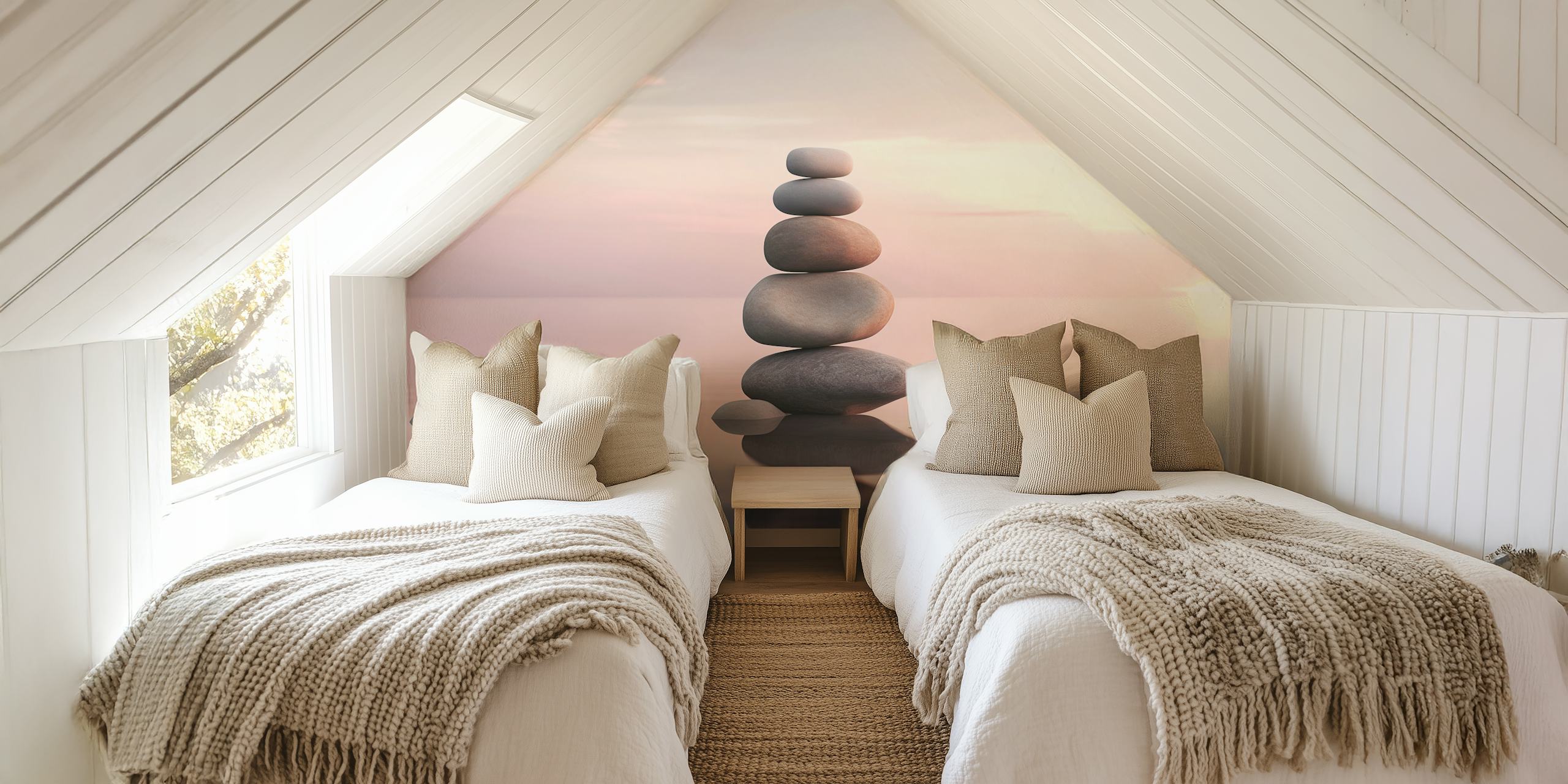 Zen sunset steen cairn behang in een kamer