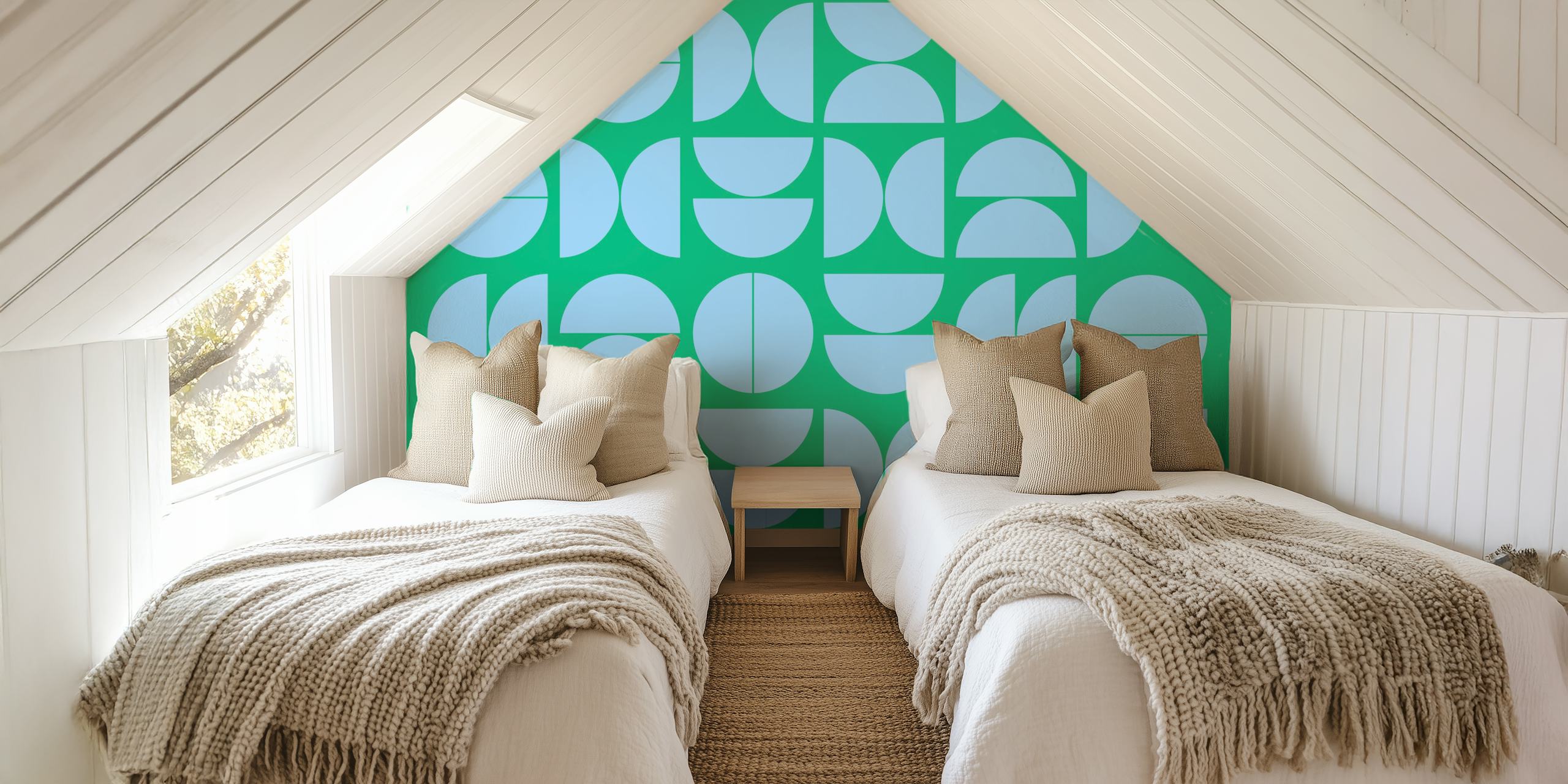 Geometric patterns in blue and green mid-century wallpaper