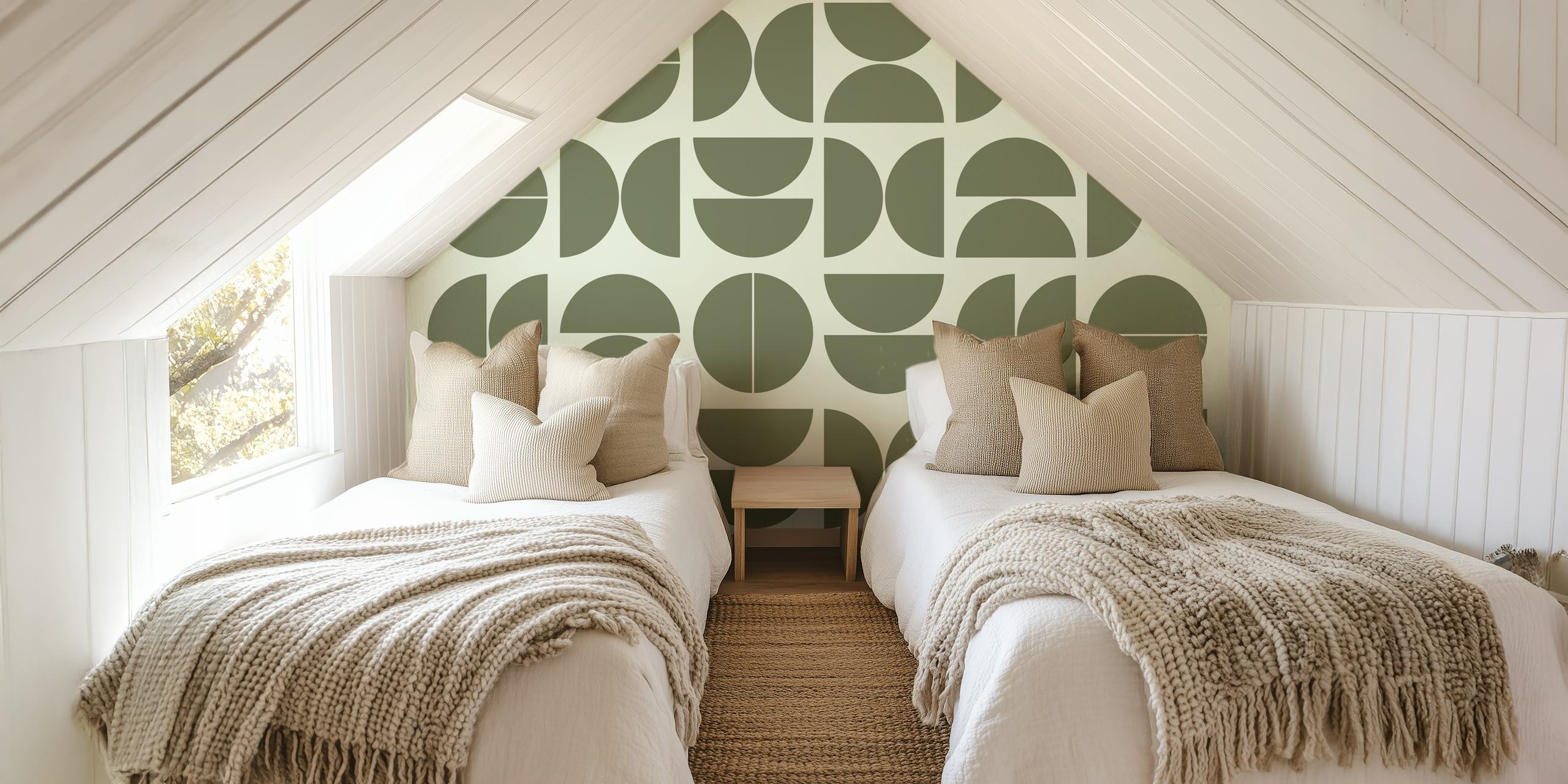 Muted sage and neutral toned mid-century modern patterned wall mural