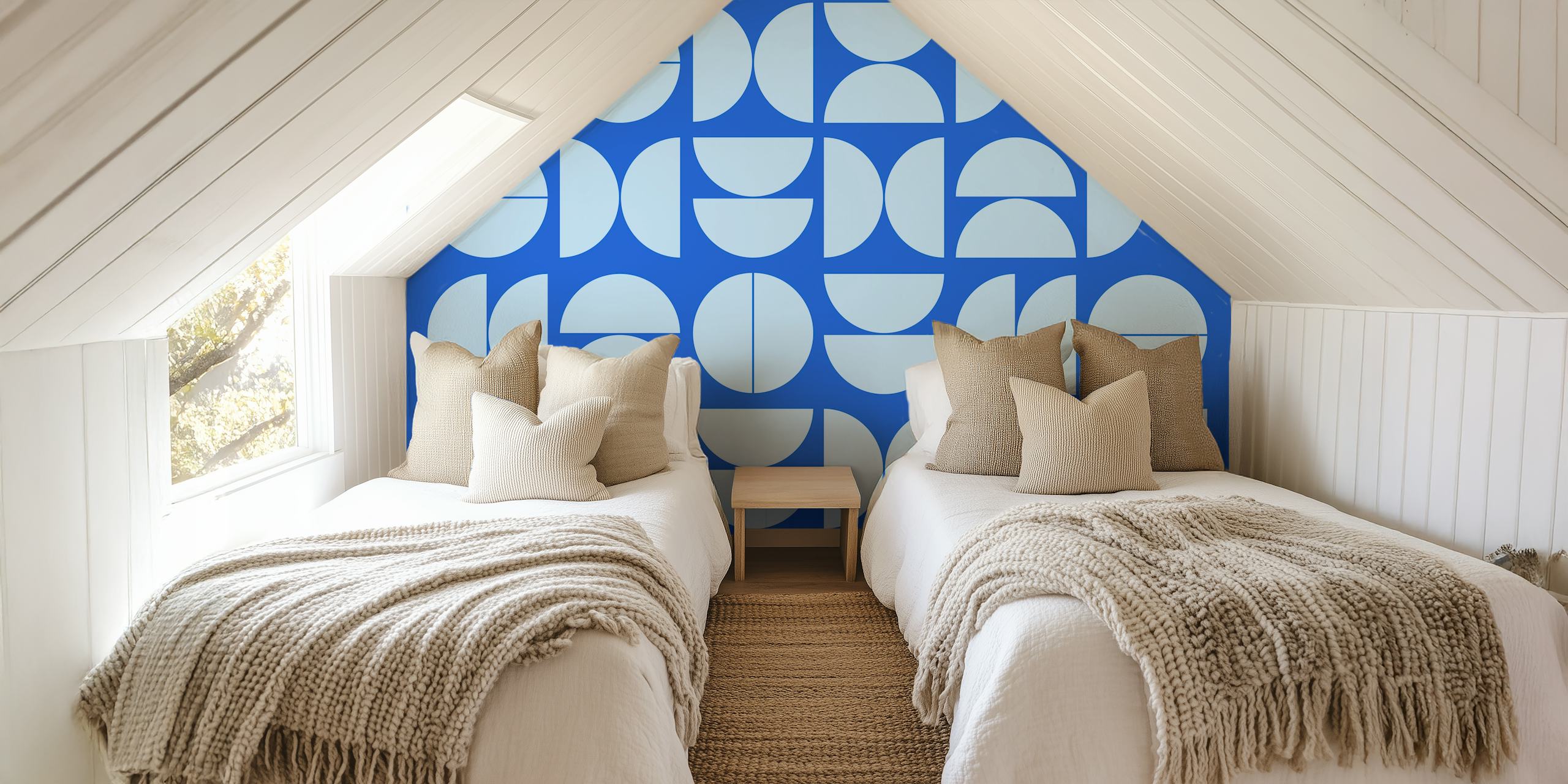 Modern blue geometric wallpaper in a room